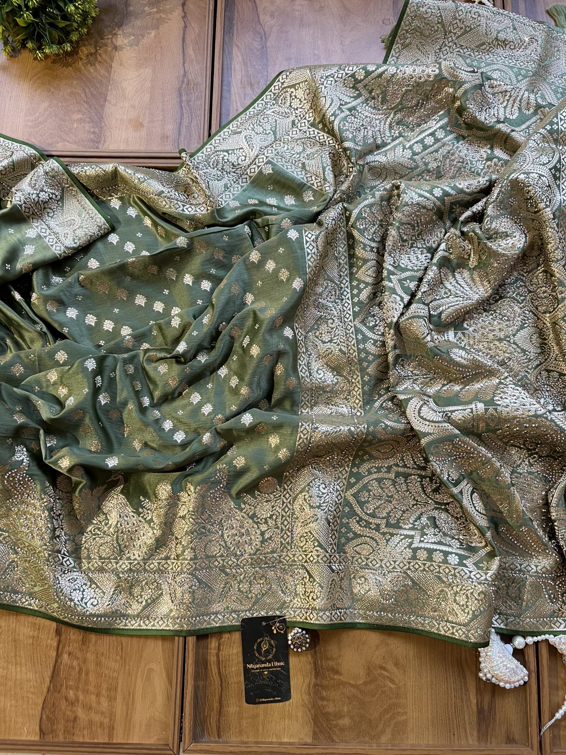 Pistachio Satin Silk Peacock Design Saree with Khaddi Work - Image 4