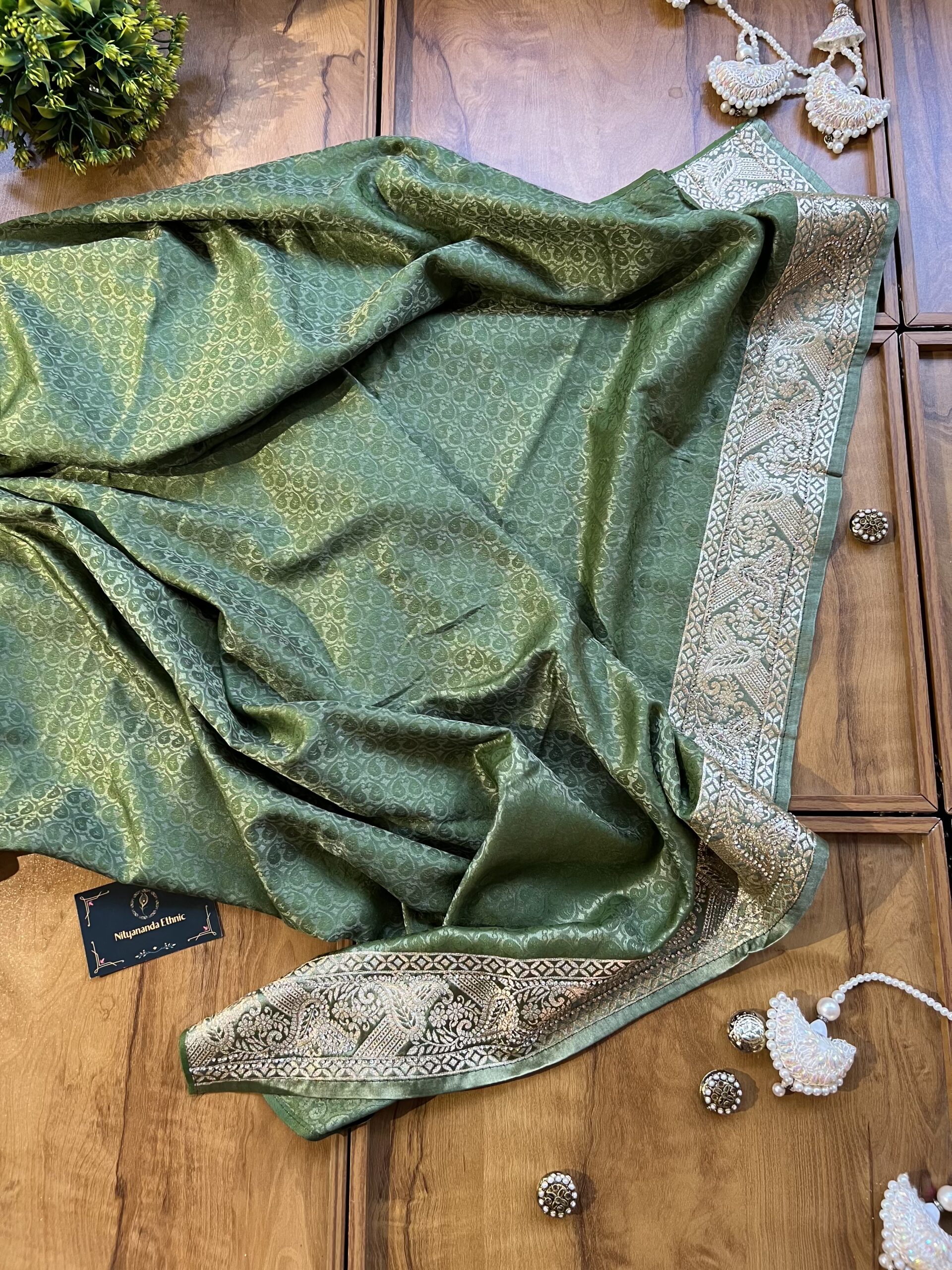 Pistachio Satin Silk Peacock Design Saree with Khaddi Work - Image 5