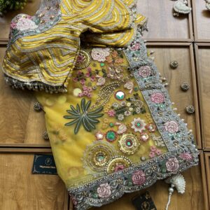 Mustard Net Multithread Mirror Work Saree with Stitched Blouse