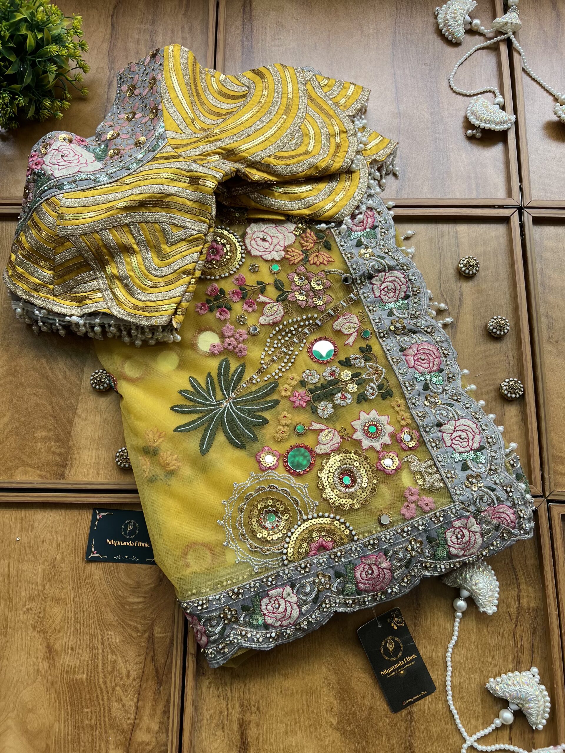 Mustard Net Multithread Mirror Work Saree with Stitched Blouse