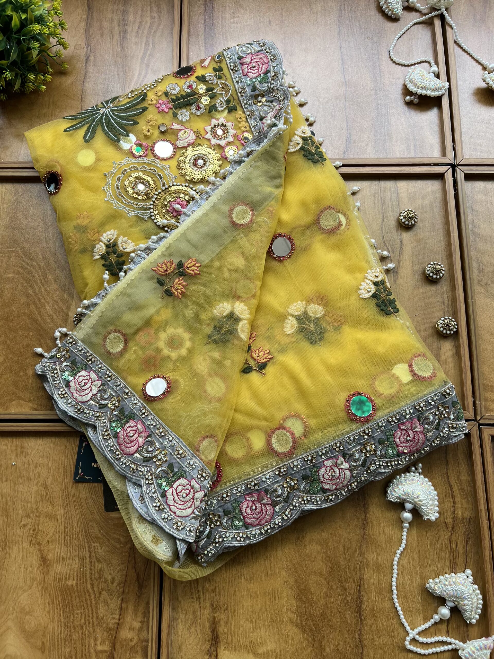 Mustard Net Multithread Mirror Work Saree with Stitched Blouse - Image 3