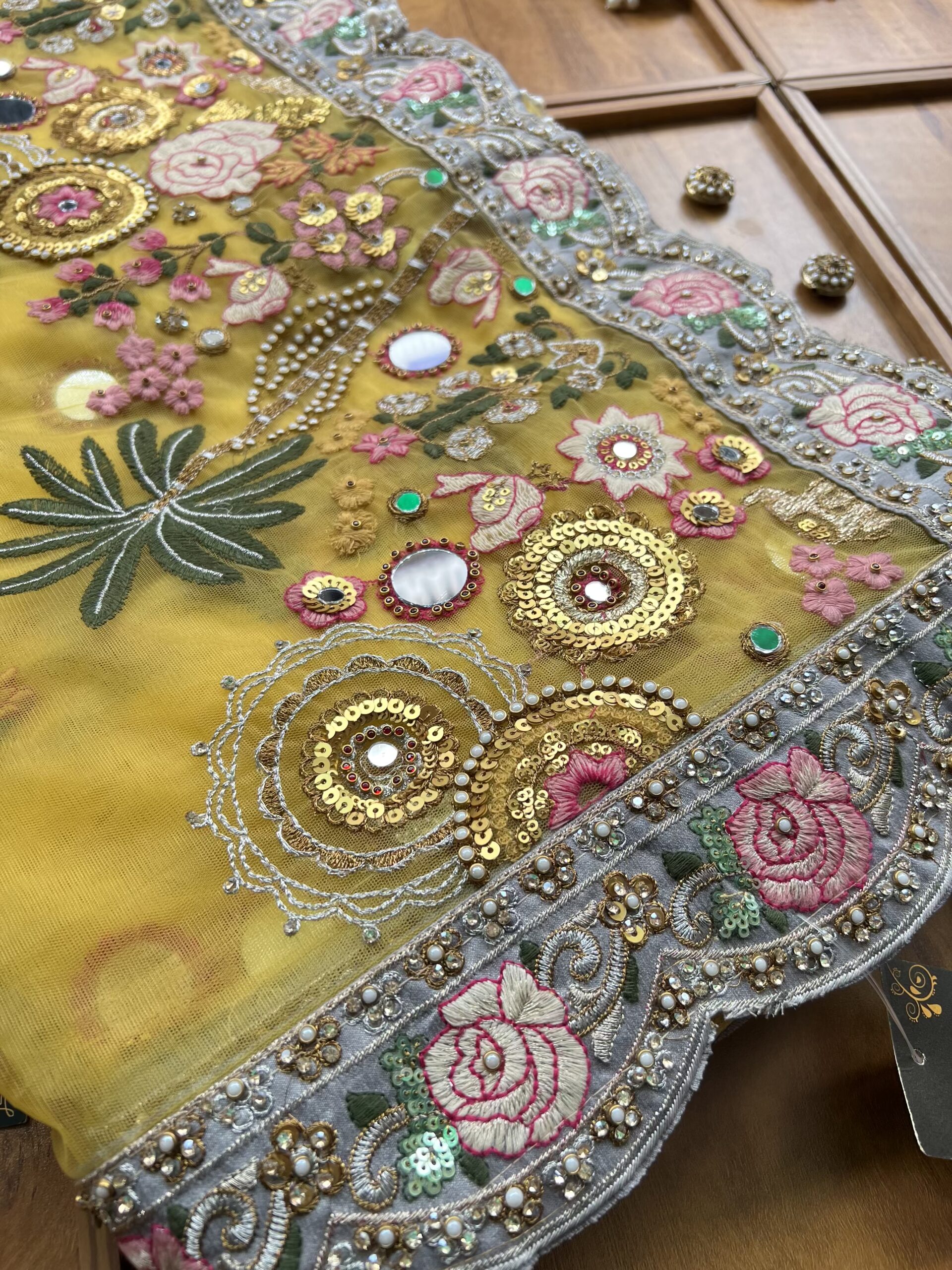 Mustard Net Multithread Mirror Work Saree with Stitched Blouse - Image 4