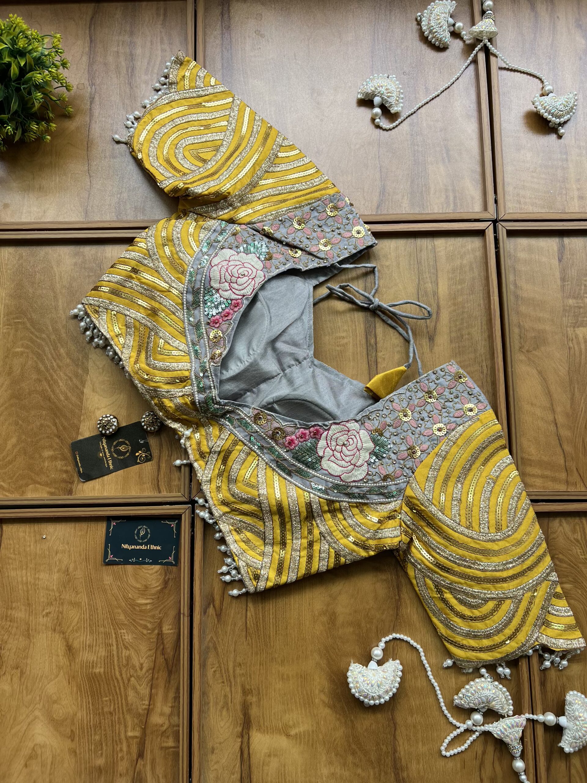 Mustard Net Multithread Mirror Work Saree with Stitched Blouse - Image 7