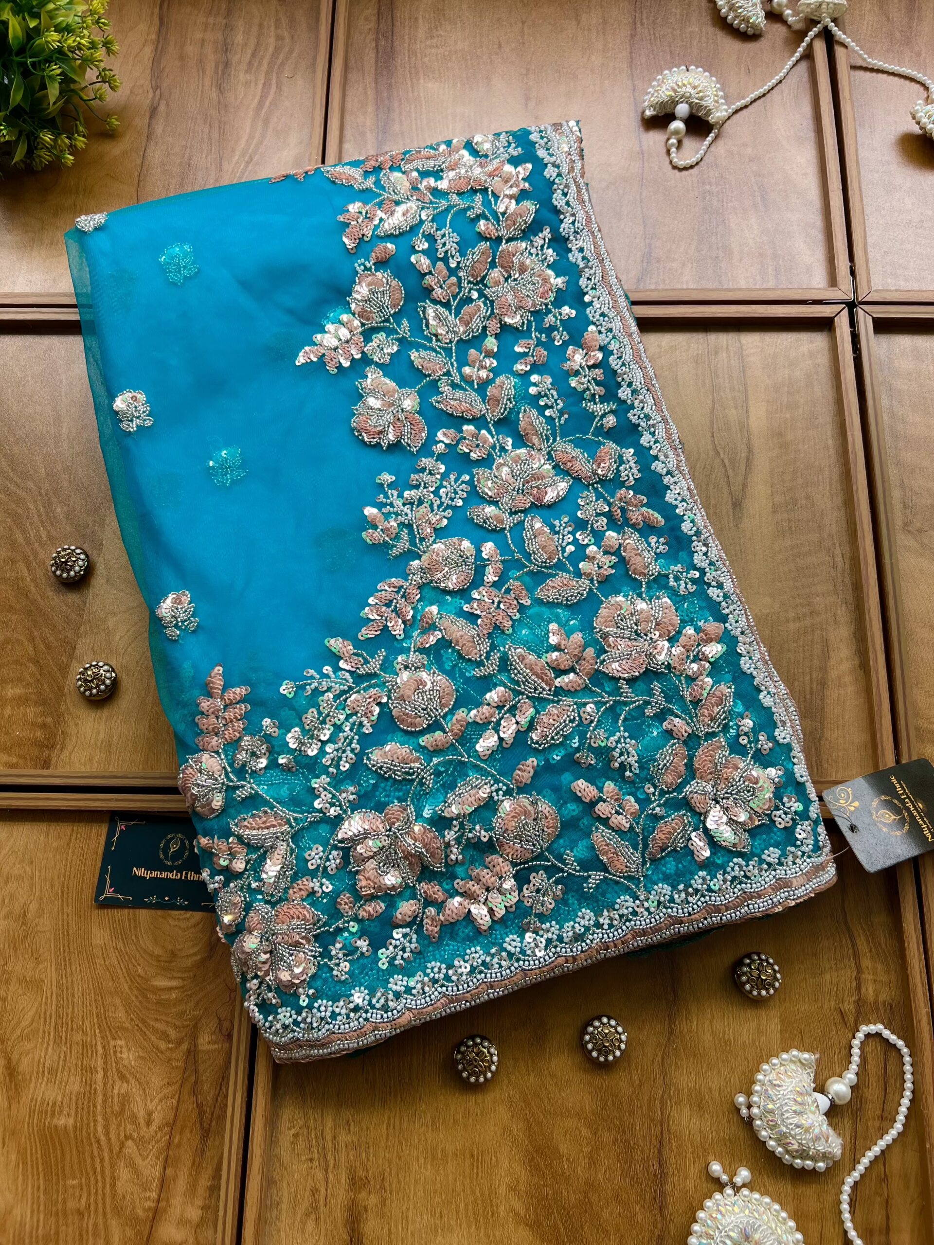 Firozi Blue Net Handwork Heavy Floral Border Saree with Stitched Blouse - Image 3