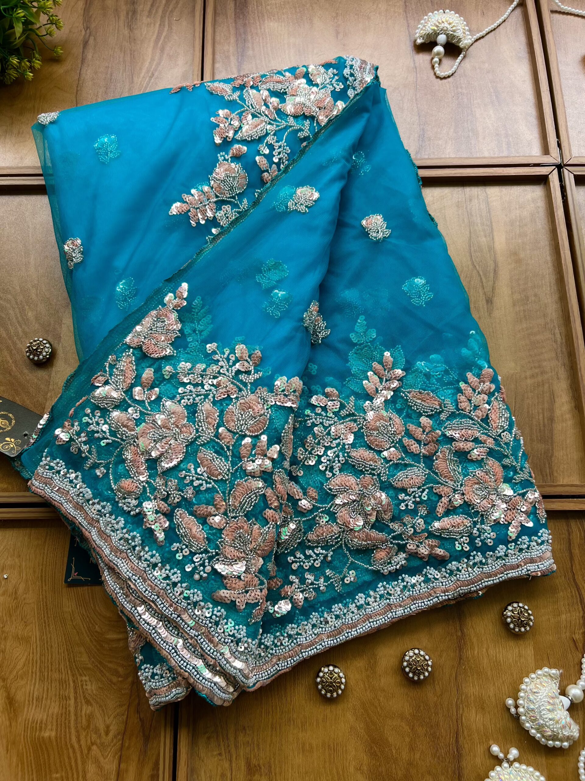 Firozi Blue Net Handwork Heavy Floral Border Saree with Stitched Blouse - Image 4