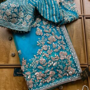 Firozi Blue Net Handwork Heavy Floral Border Saree with Stitched Blouse