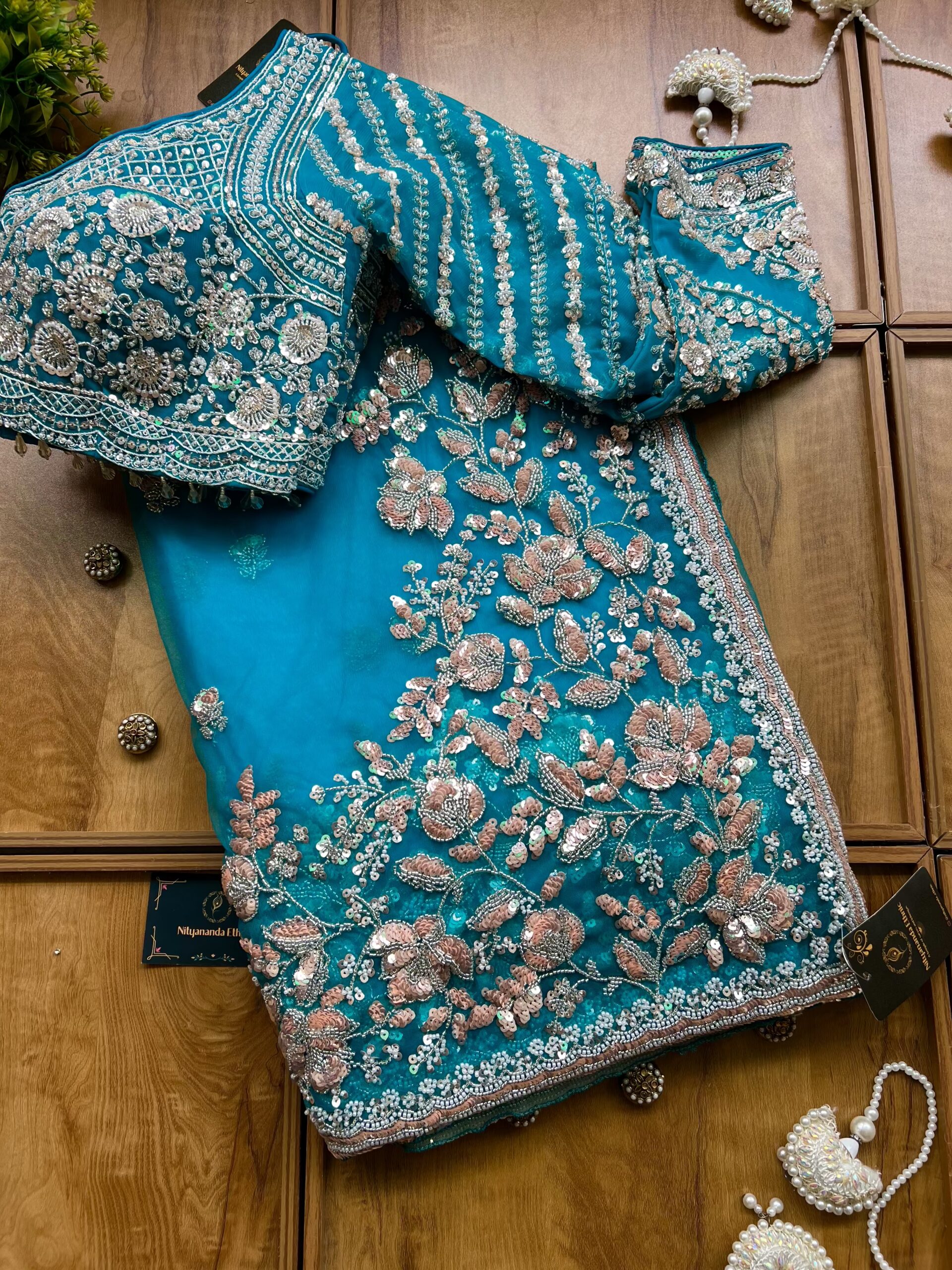 Firozi Blue Net Handwork Heavy Floral Border Saree with Stitched Blouse