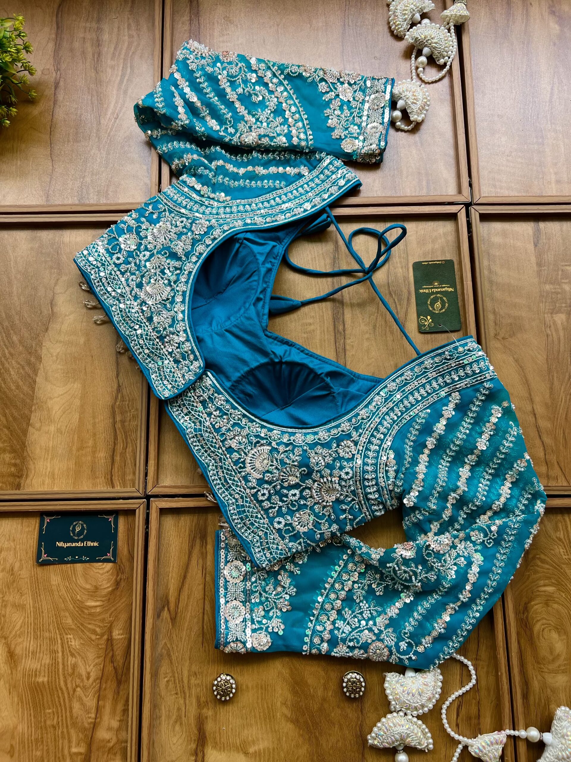 Firozi Blue Net Handwork Heavy Floral Border Saree with Stitched Blouse - Image 8