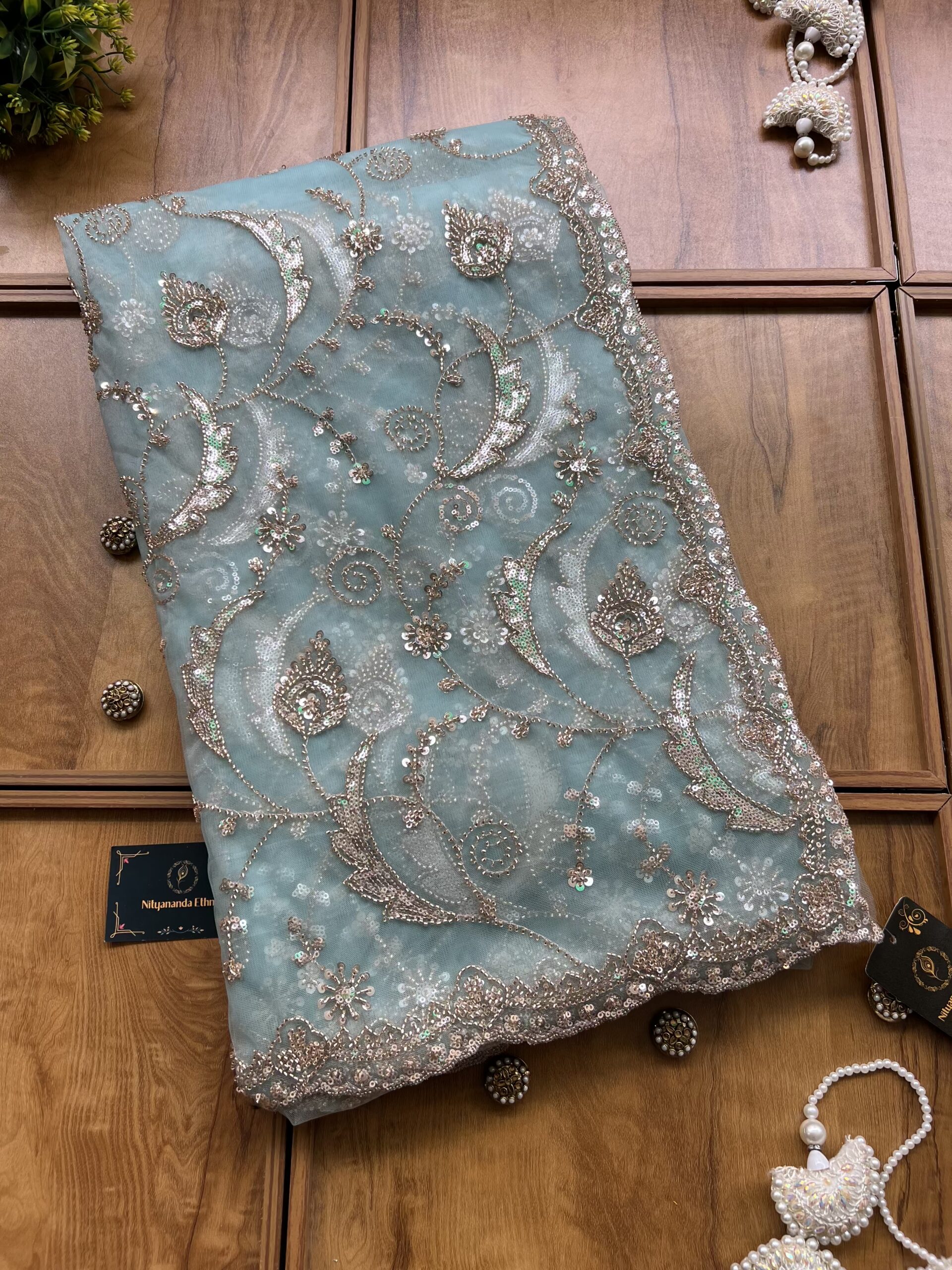 Powder Blue Net Peacock Feather Design Saree with Stitched Blouse - Image 3