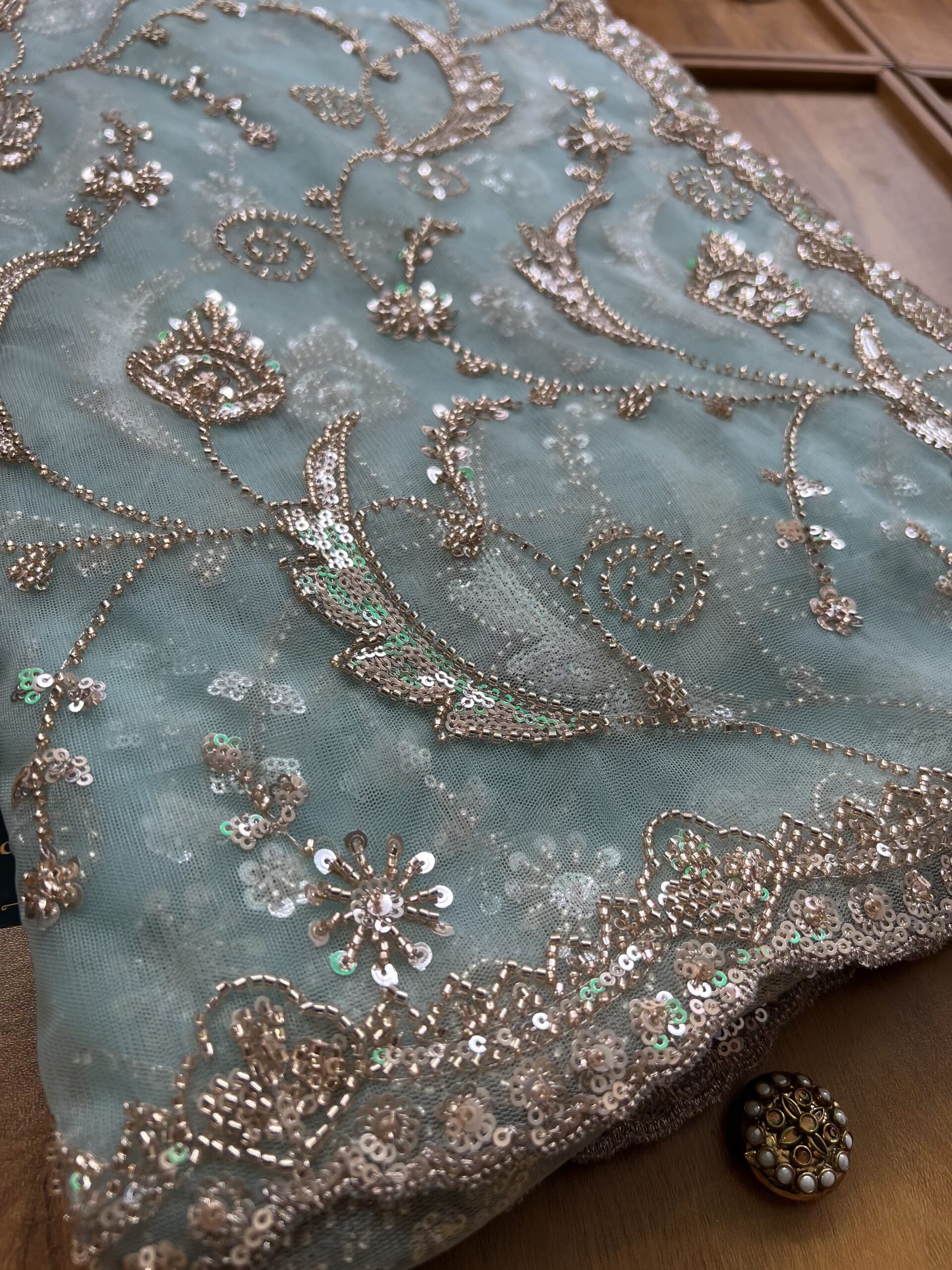 Powder Blue Net Peacock Feather Design Saree with Stitched Blouse - Image 4