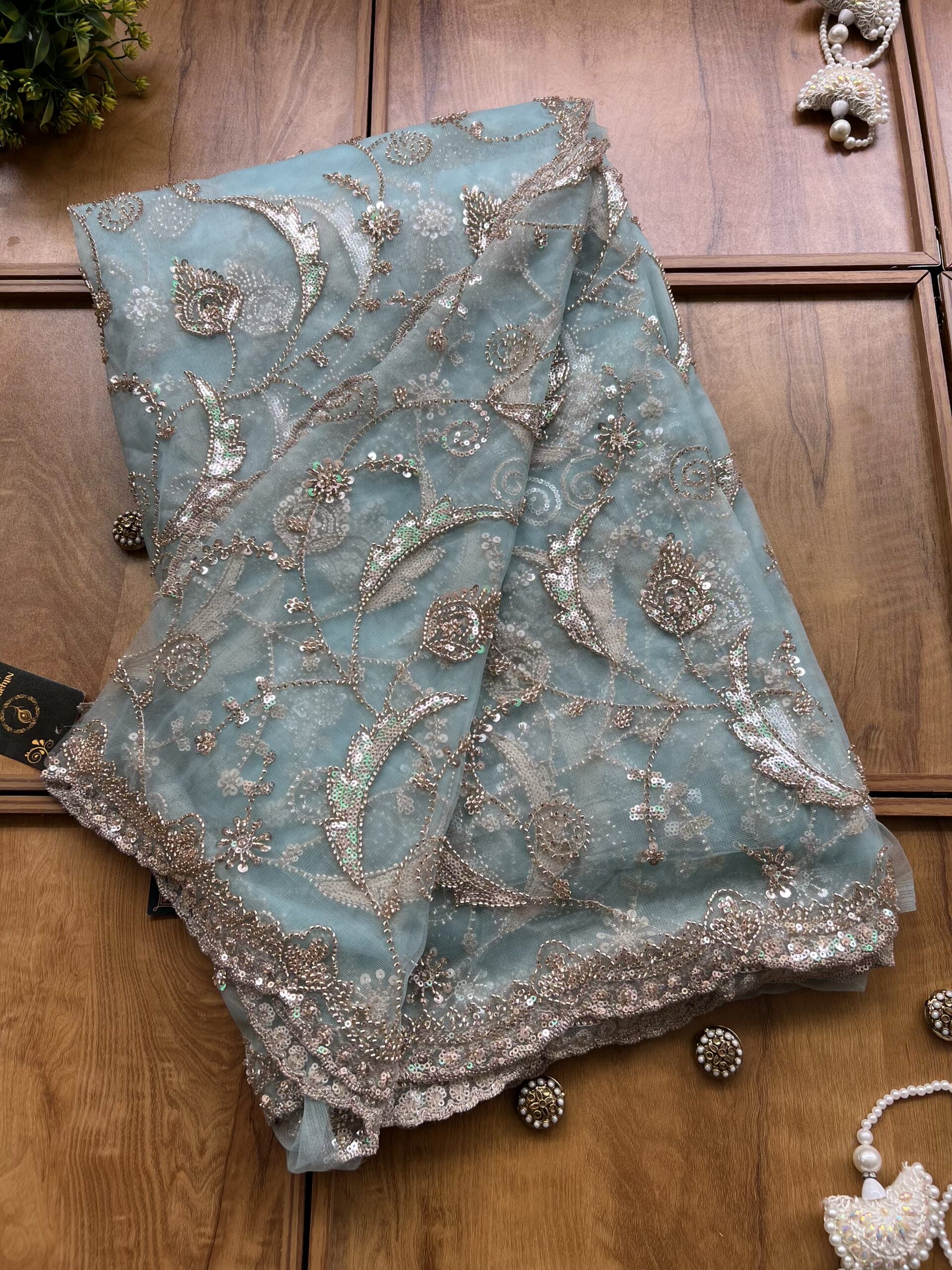 Powder Blue Net Peacock Feather Design Saree with Stitched Blouse - Image 2