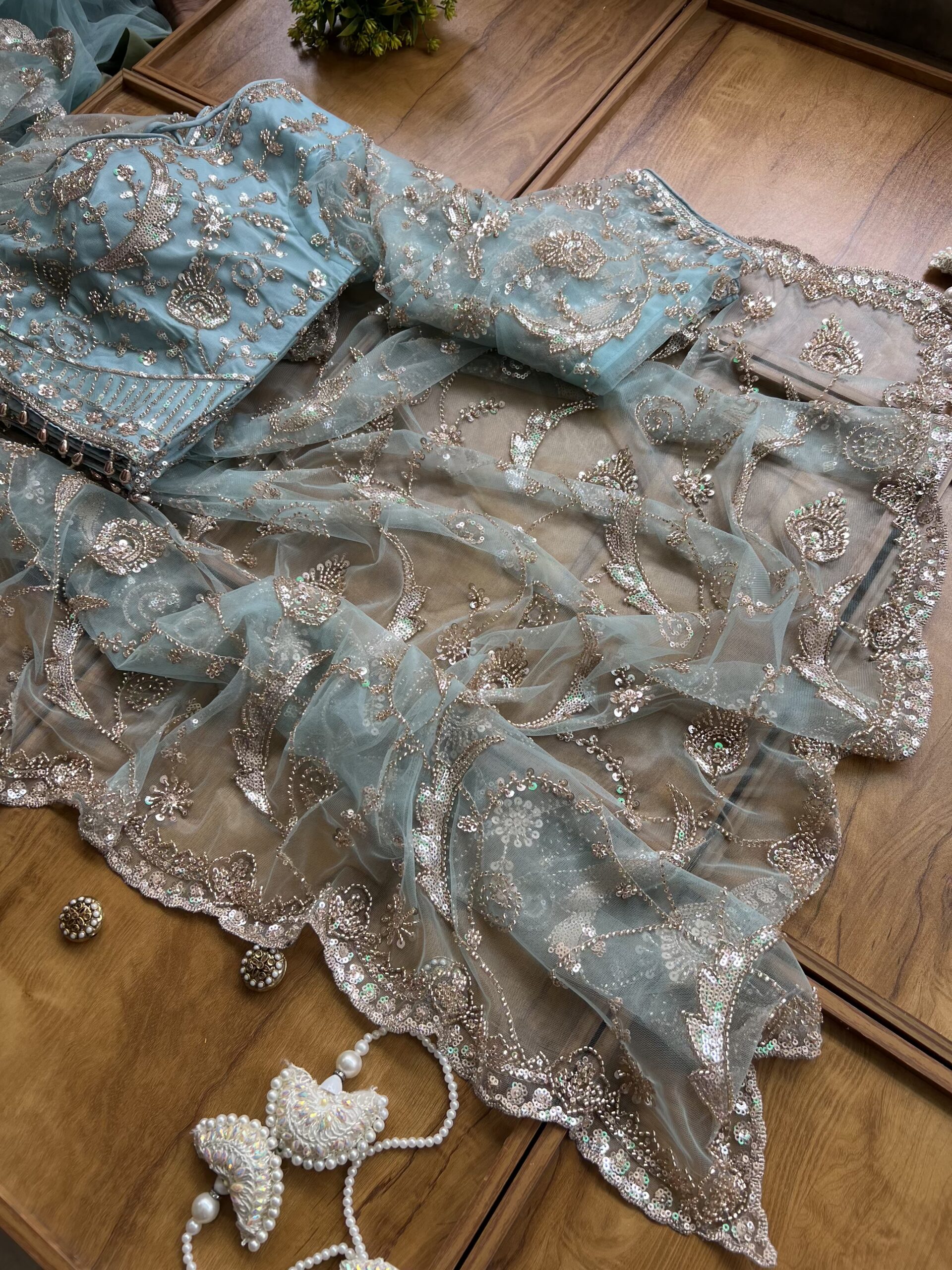 Powder Blue Net Peacock Feather Design Saree with Stitched Blouse - Image 5