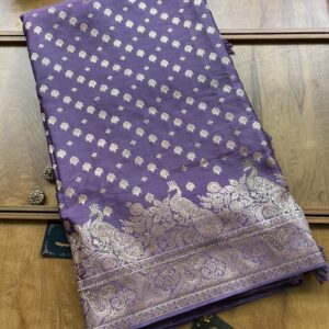 Lavender Satin Silk Peacock Design Saree with Khaddi Work