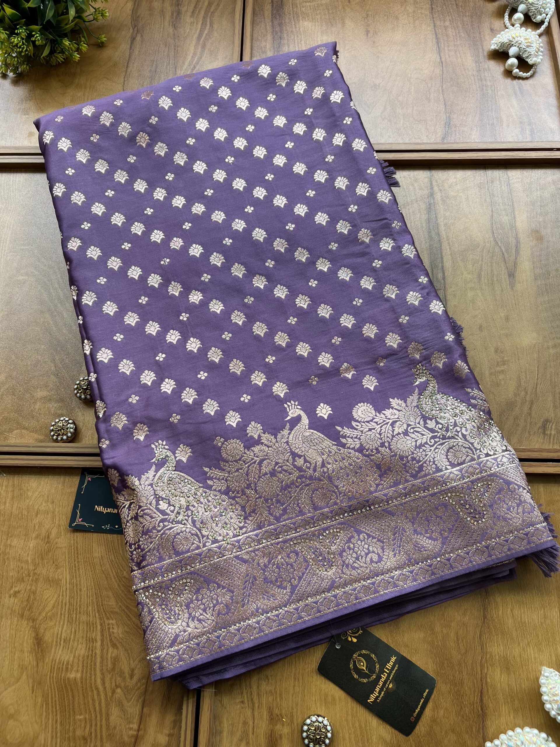 Lavender Satin Silk Peacock Design Saree with Khaddi Work