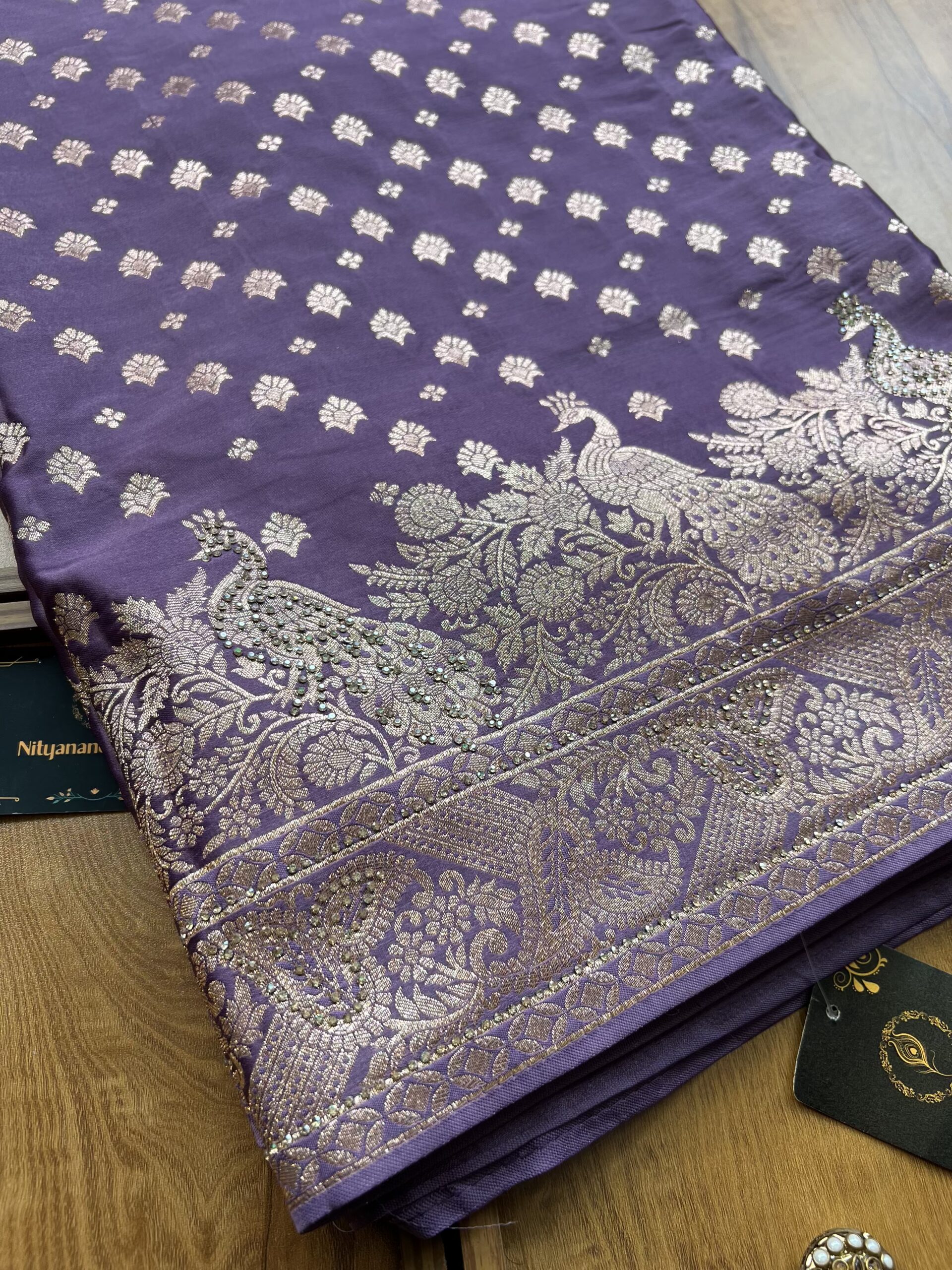 Lavender Satin Silk Peacock Design Saree with Khaddi Work - Image 2