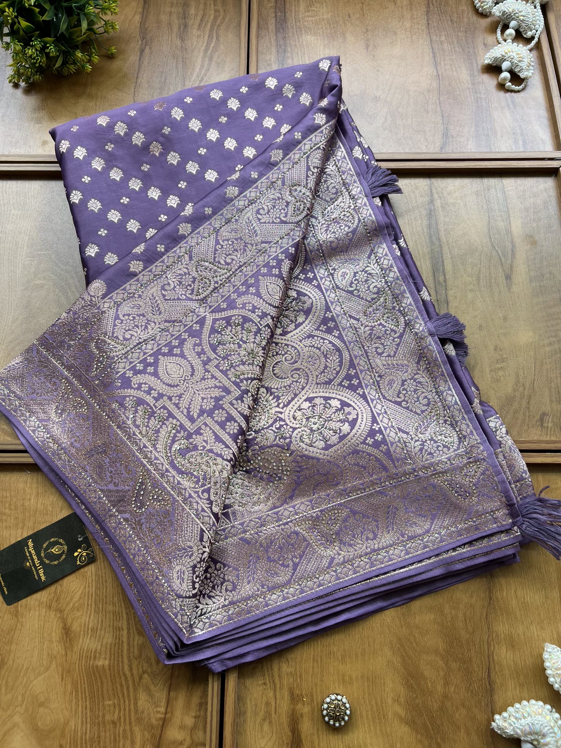 Lavender Satin Silk Peacock Design Saree with Khaddi Work - Image 3