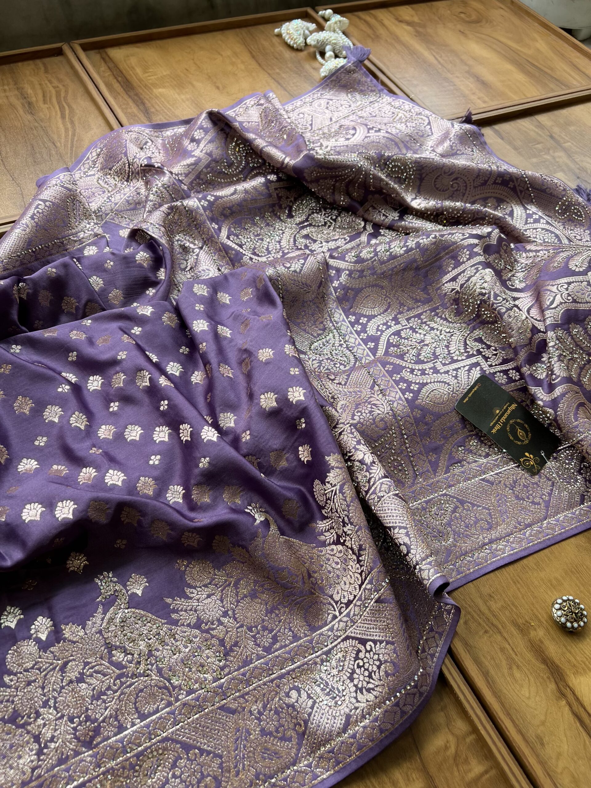 Lavender Satin Silk Peacock Design Saree with Khaddi Work - Image 4