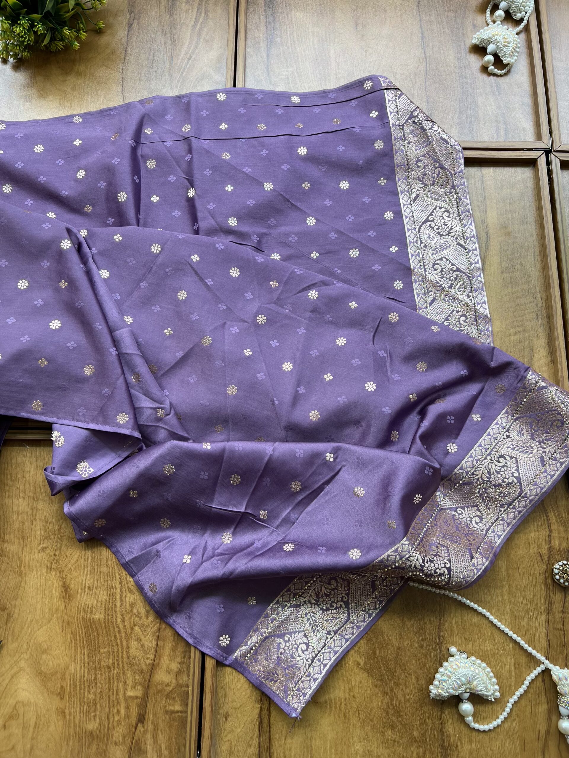 Lavender Satin Silk Peacock Design Saree with Khaddi Work - Image 5