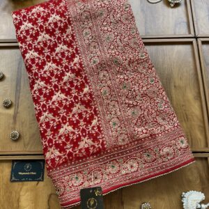 Red Georgette Saree with Parrot Khaddi Work & Hand Embroidery