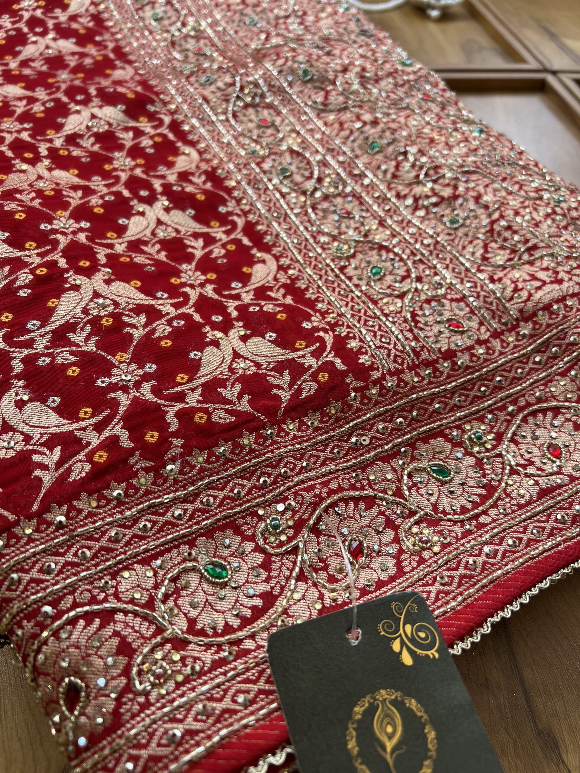 Red Georgette Saree with Parrot Khaddi Work & Hand Embroidery - Image 2
