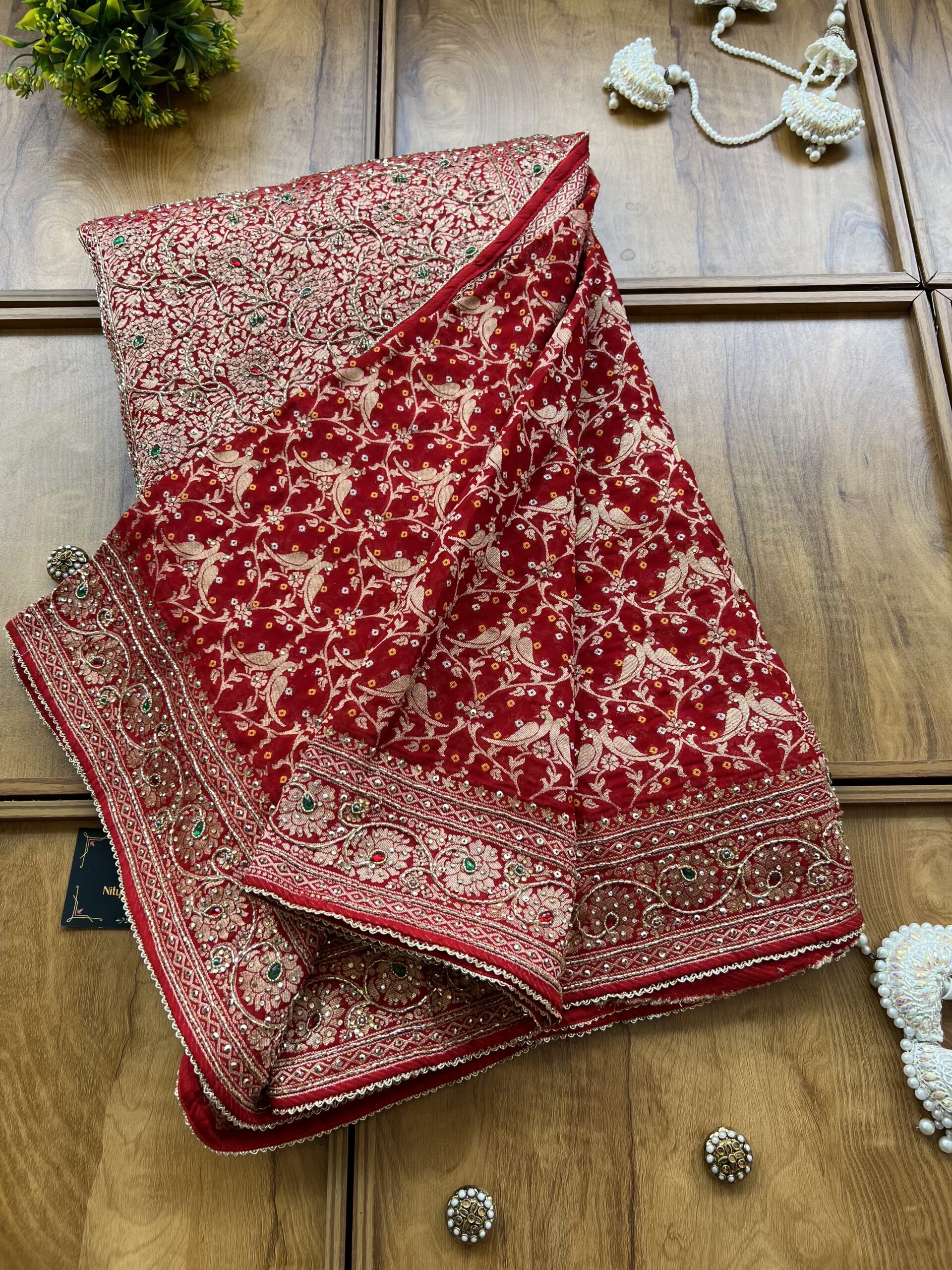 Red Georgette Saree with Parrot Khaddi Work & Hand Embroidery - Image 4