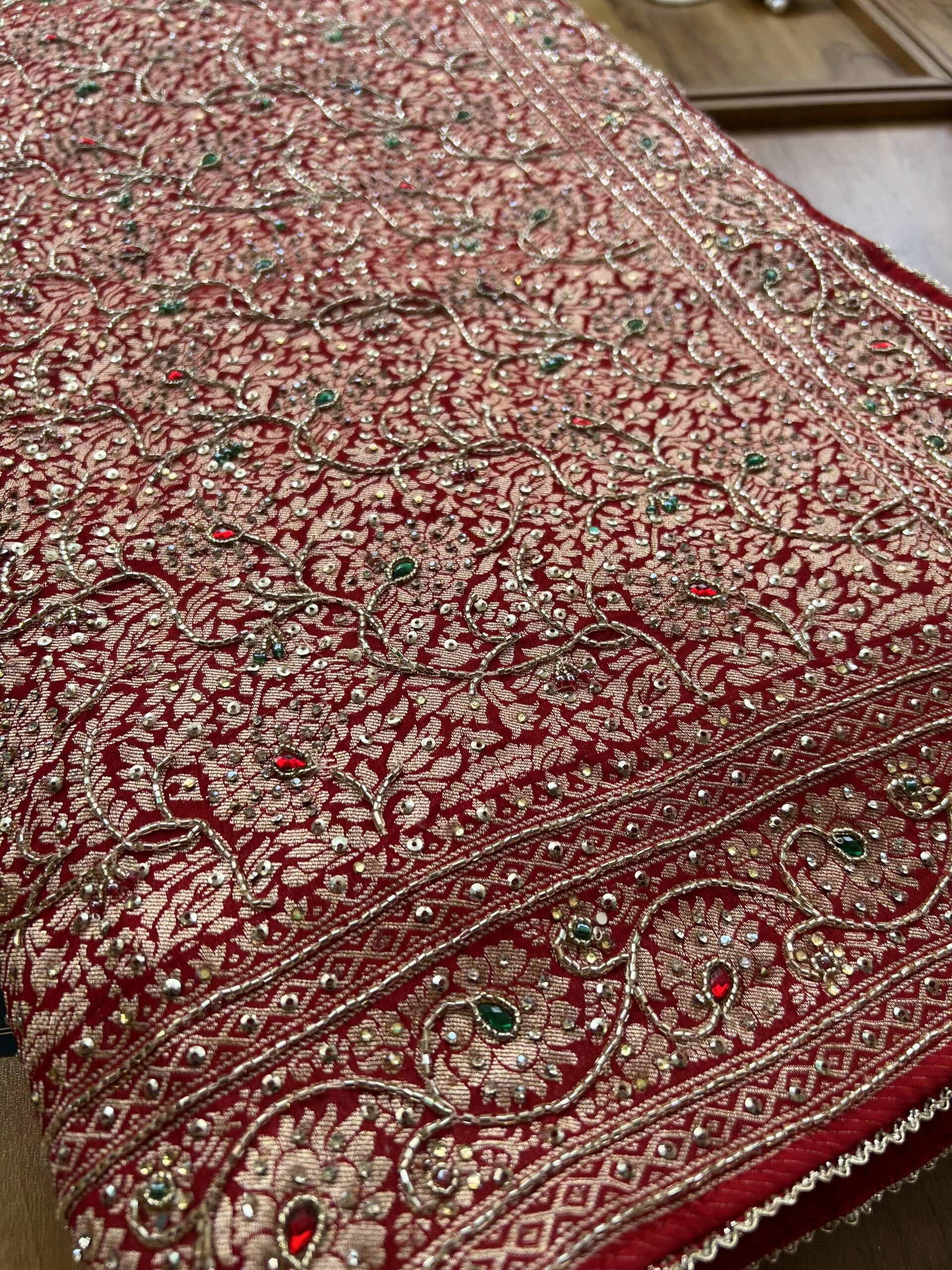 Red Georgette Saree with Parrot Khaddi Work & Hand Embroidery - Image 3