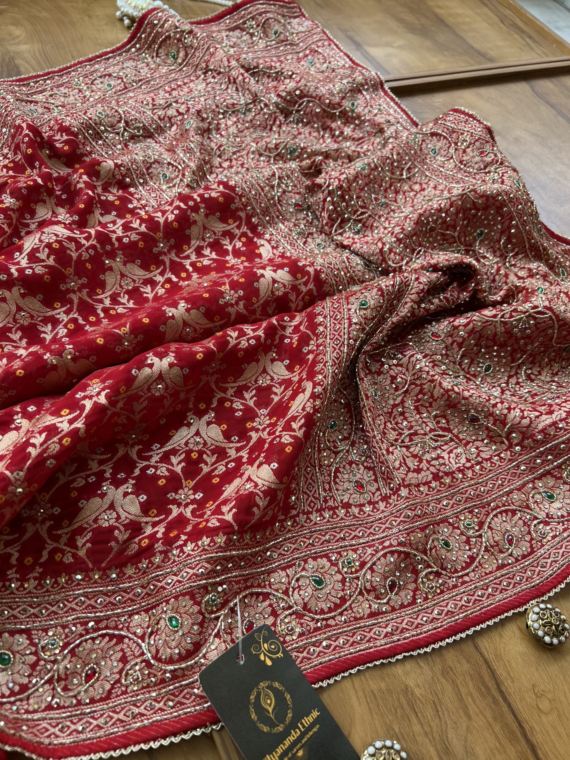 Red Georgette Saree with Parrot Khaddi Work & Hand Embroidery - Image 6