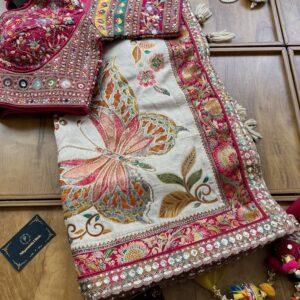 Ivory Maheshwari Silk Khaddi Rangkaat Saree with Stitched Blouse