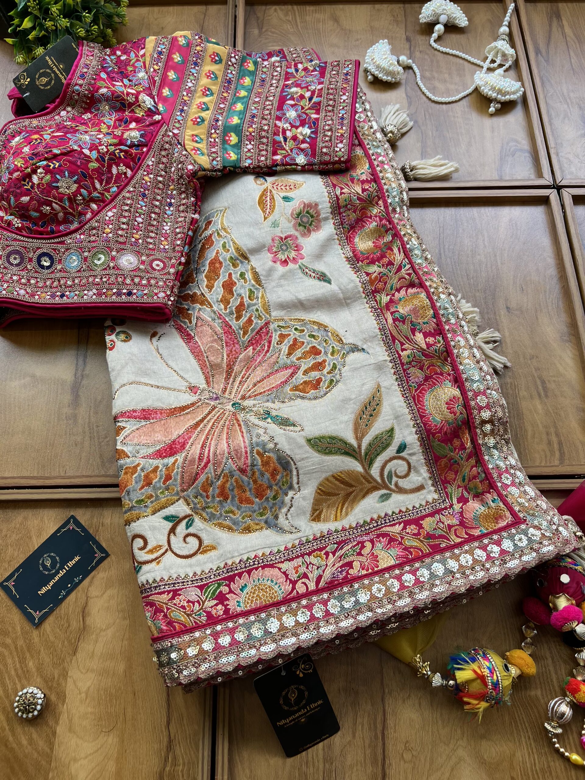 Ivory Maheshwari Silk Khaddi Rangkaat Saree with Stitched Blouse