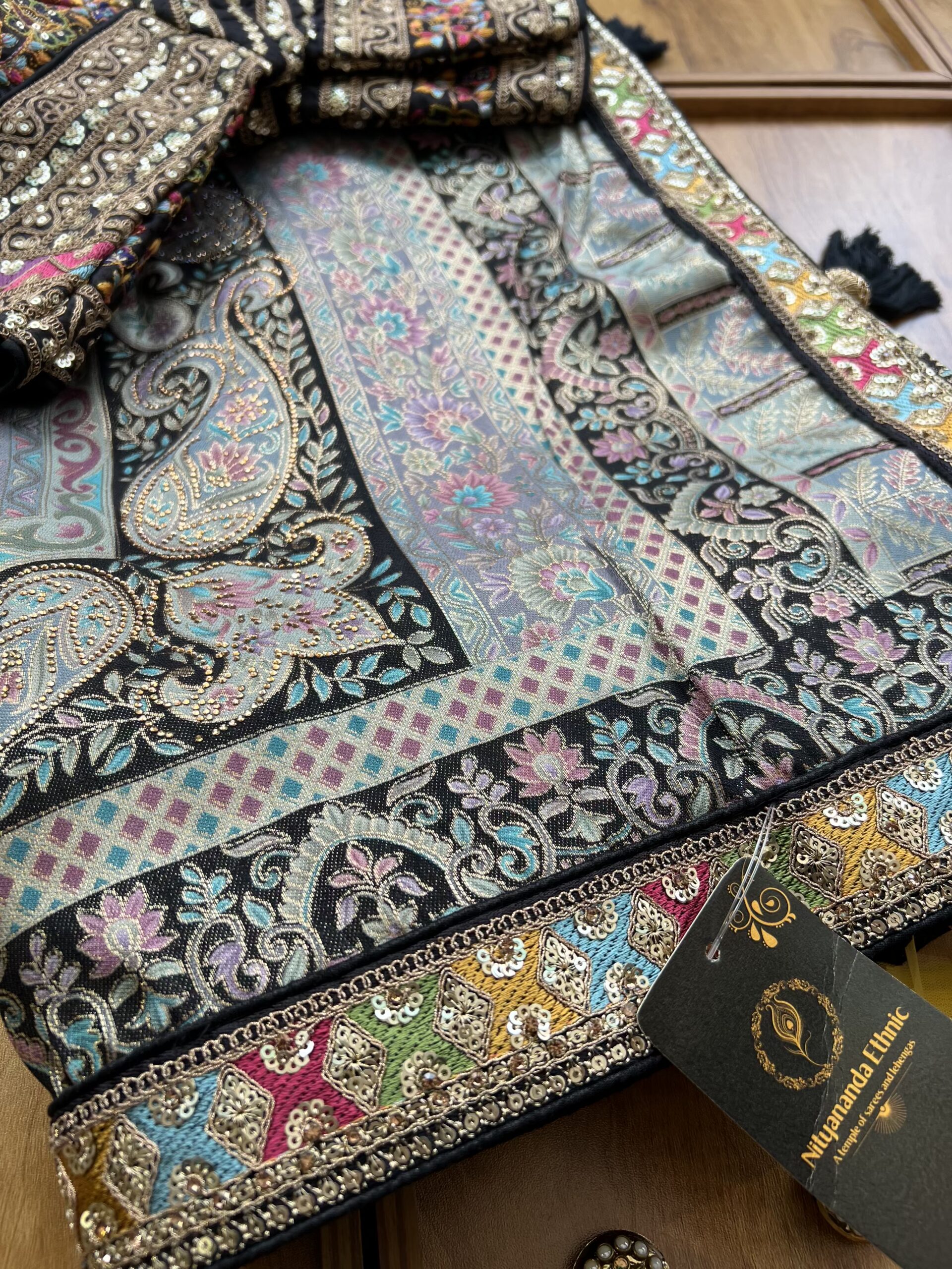 Black Maheshwari Silk Khaddi Rangkaat Saree with Stitched Blouse - Image 2