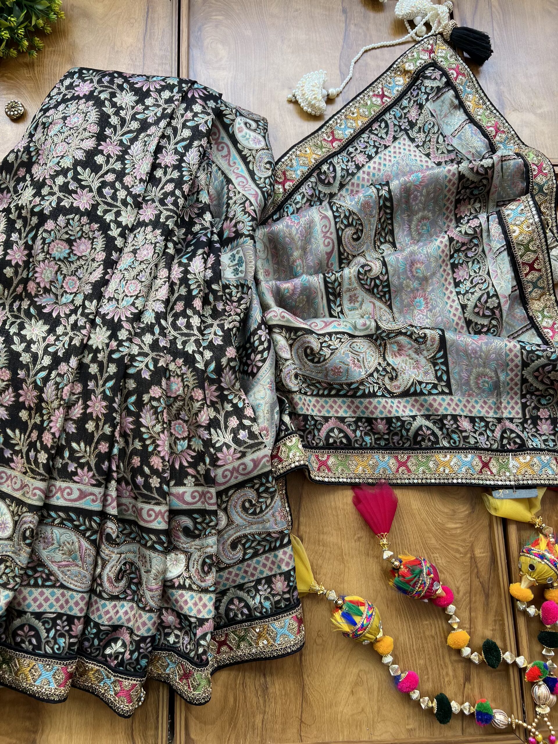 Black Maheshwari Silk Khaddi Rangkaat Saree with Stitched Blouse - Image 7