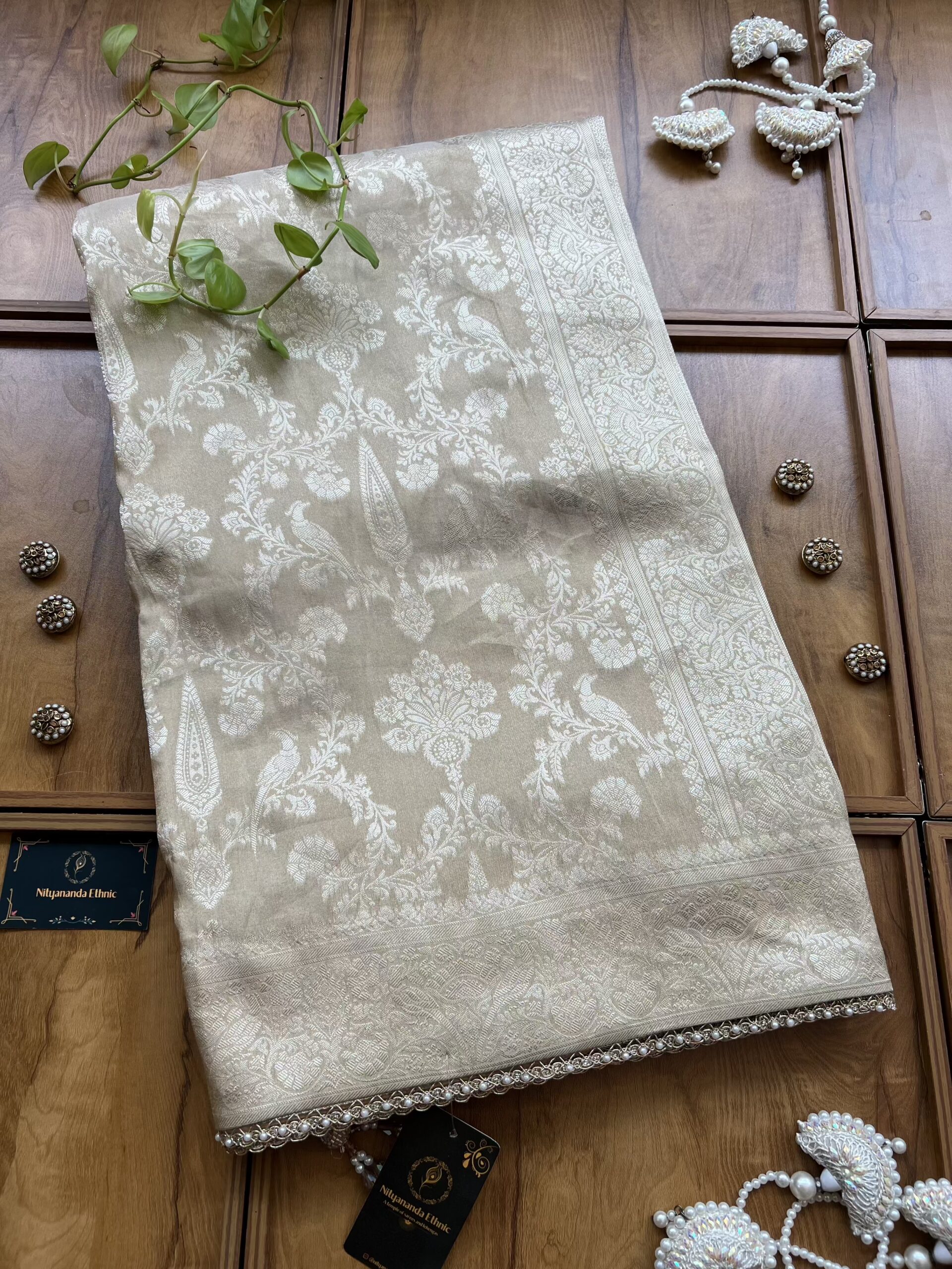 Ivory Gold Tissue Silk Khaddi Work Saree with Pearl Border - Image 2