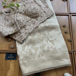 Ivory Gold Tissue Silk Khaddi Work Saree with Pearl Border