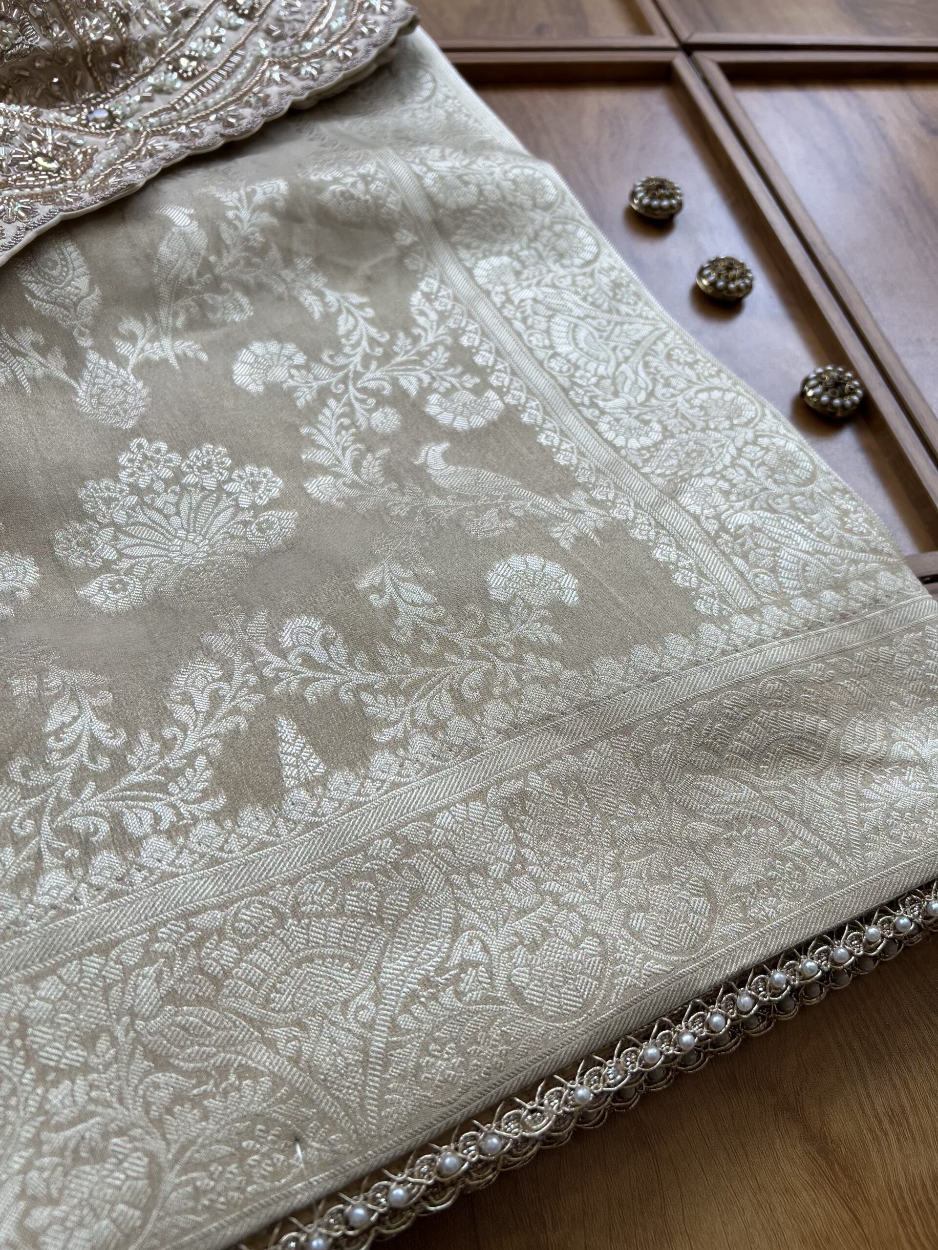 Ivory Gold Tissue Silk Khaddi Work Saree with Pearl Border - Image 3