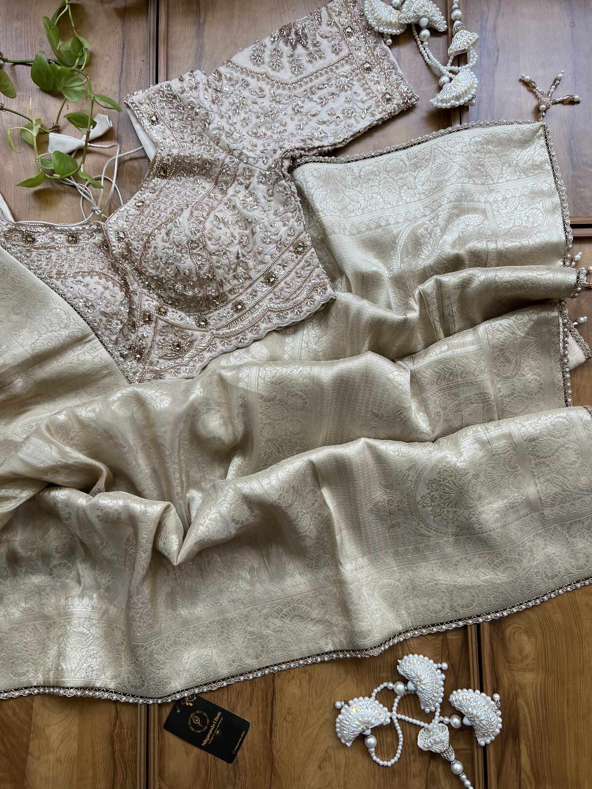Ivory Gold Tissue Silk Khaddi Work Saree with Pearl Border - Image 4