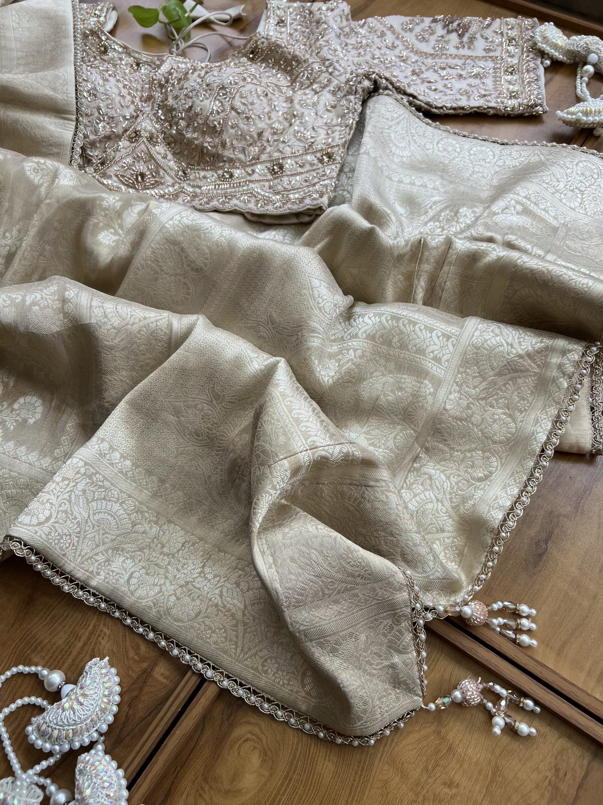 Ivory Gold Tissue Silk Khaddi Work Saree with Pearl Border - Image 5
