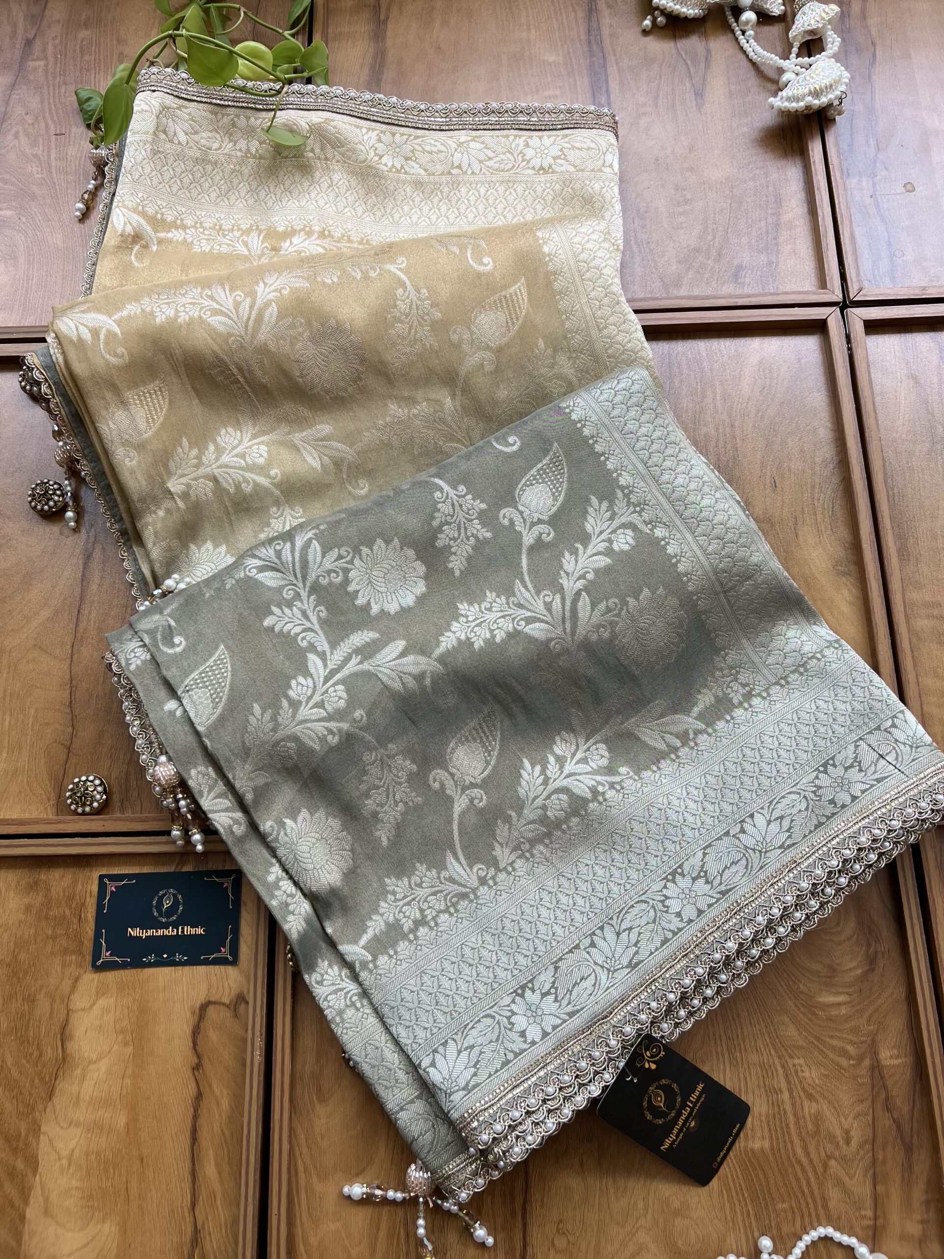 Ombre Champagne Gold Mud Tissue Silk Saree with Pearl Border - Image 2
