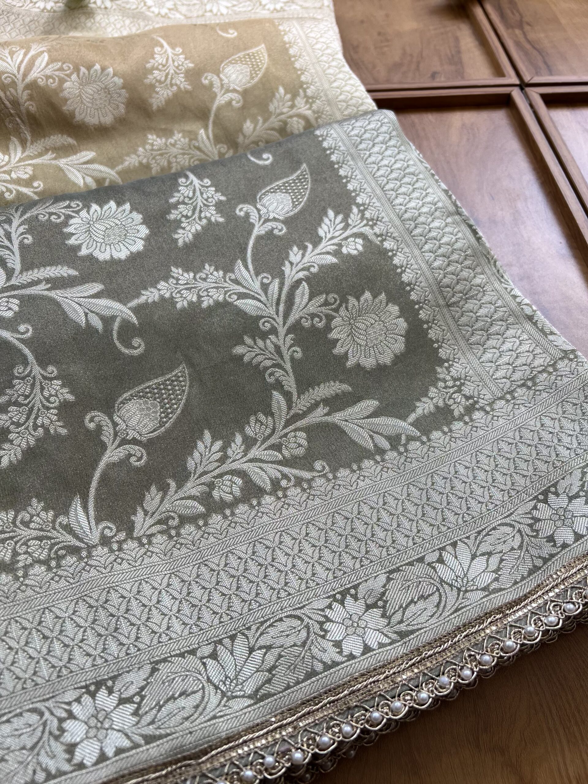 Ombre Champagne Gold Mud Tissue Silk Saree with Pearl Border - Image 3