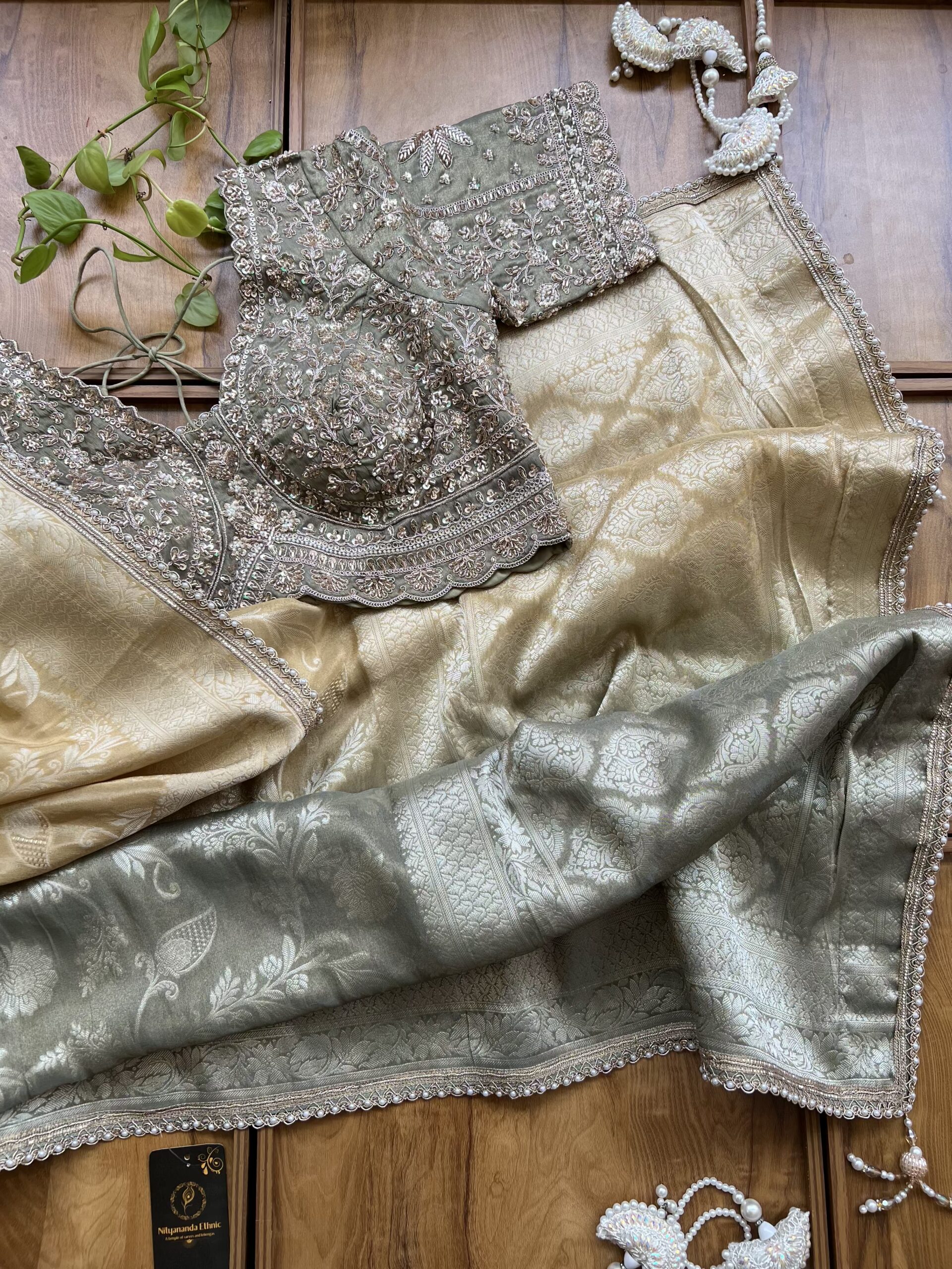 Ombre Champagne Gold Mud Tissue Silk Saree with Pearl Border - Image 4