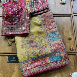 Mustard Yellow Maheshwari Silk Saree with Khaddi Rangkaat & Swarovski Work