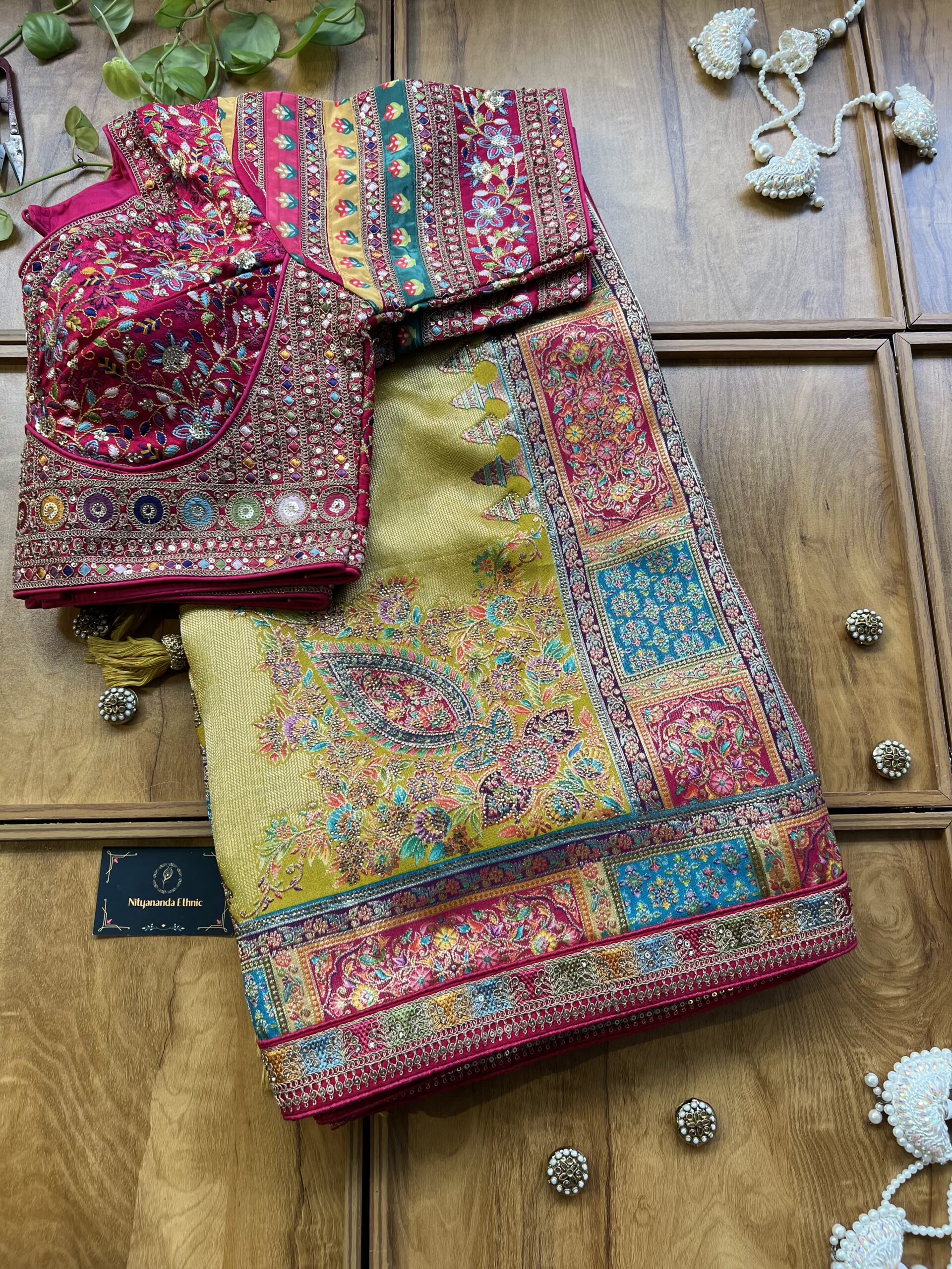 Mustard Yellow Maheshwari Silk Saree with Khaddi Rangkaat & Swarovski Work