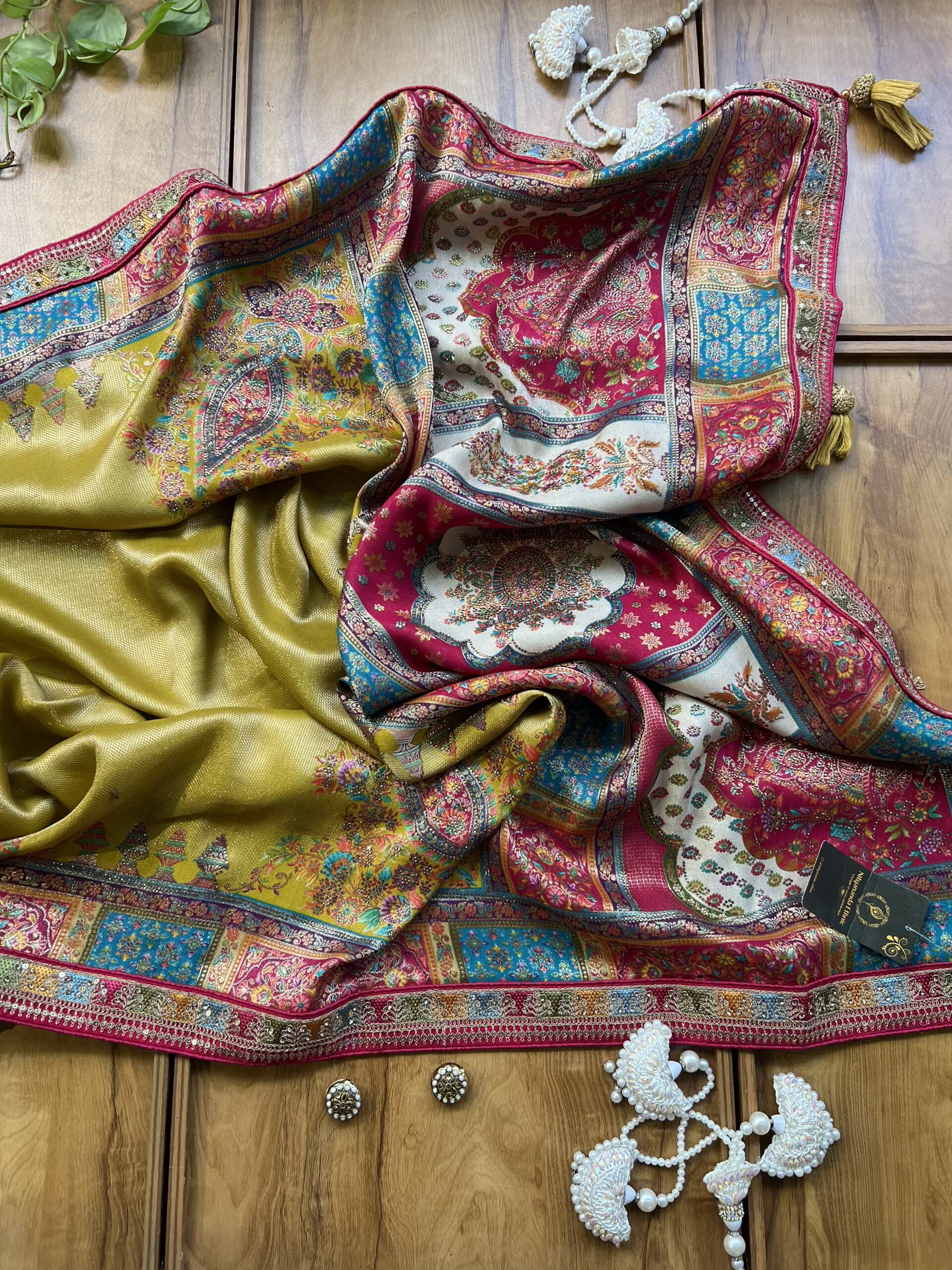Mustard Yellow Maheshwari Silk Saree with Khaddi Rangkaat & Swarovski Work - Image 5