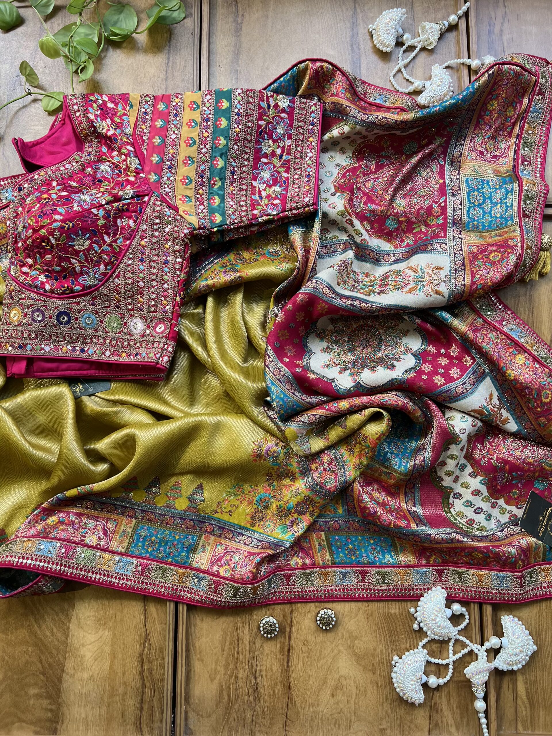 Mustard Yellow Maheshwari Silk Saree with Khaddi Rangkaat & Swarovski Work - Image 4