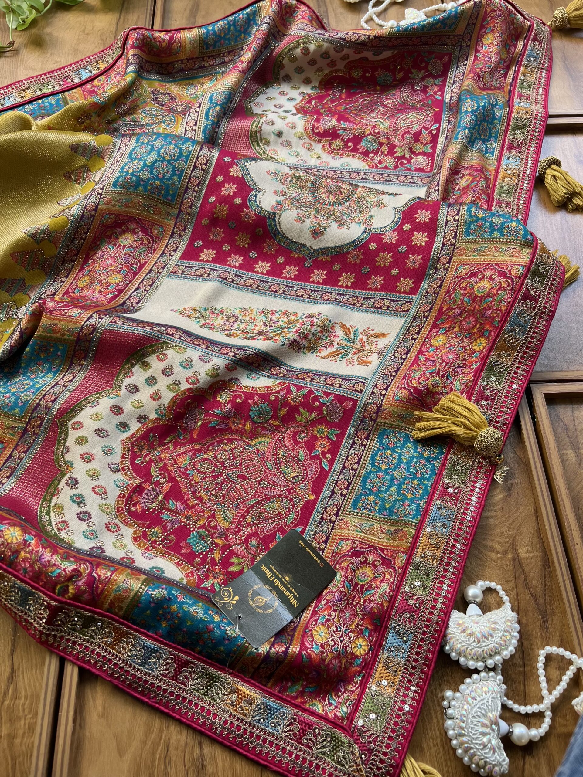 Mustard Yellow Maheshwari Silk Saree with Khaddi Rangkaat & Swarovski Work - Image 2