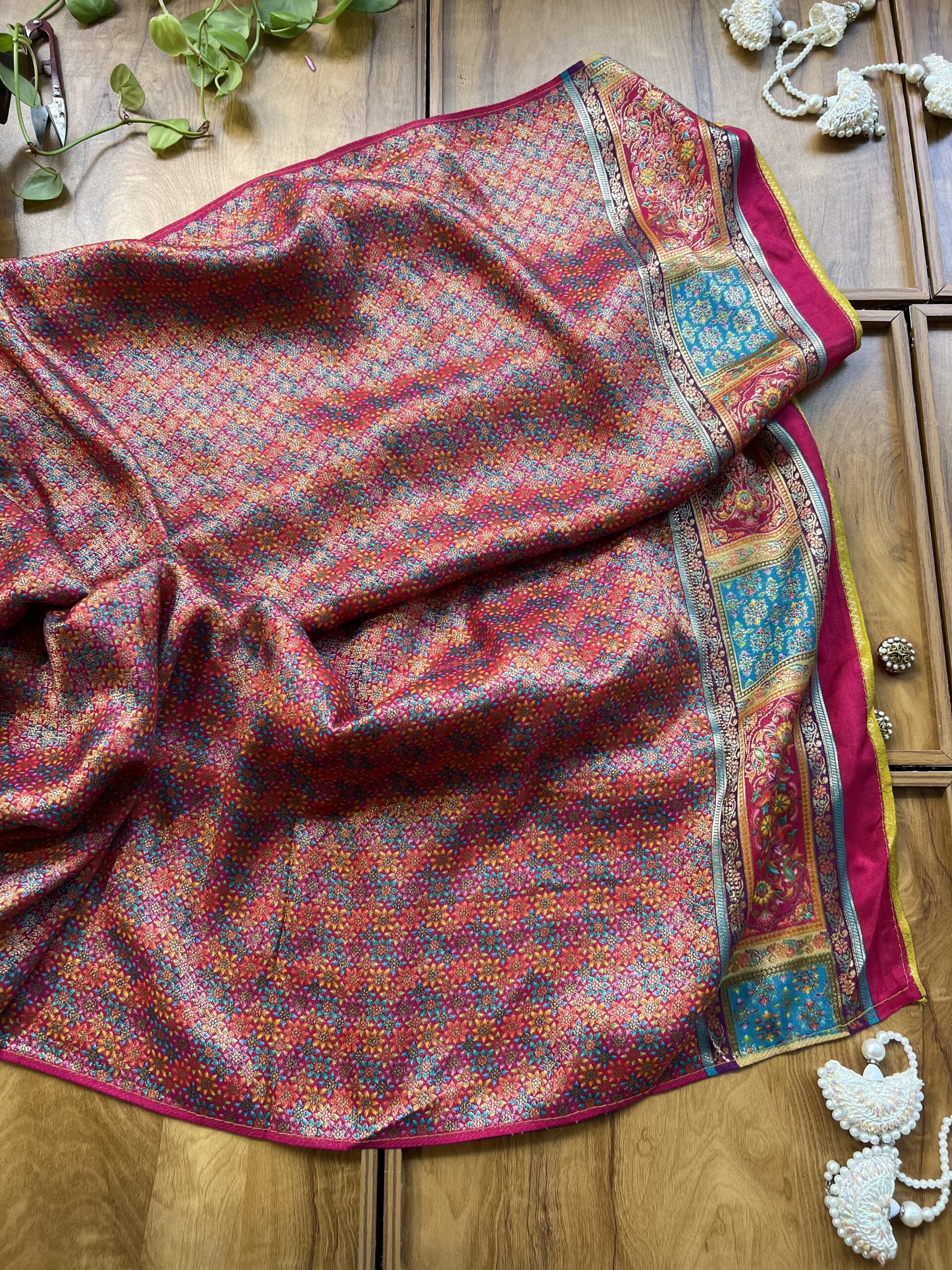 Mustard Yellow Maheshwari Silk Saree with Khaddi Rangkaat & Swarovski Work - Image 6