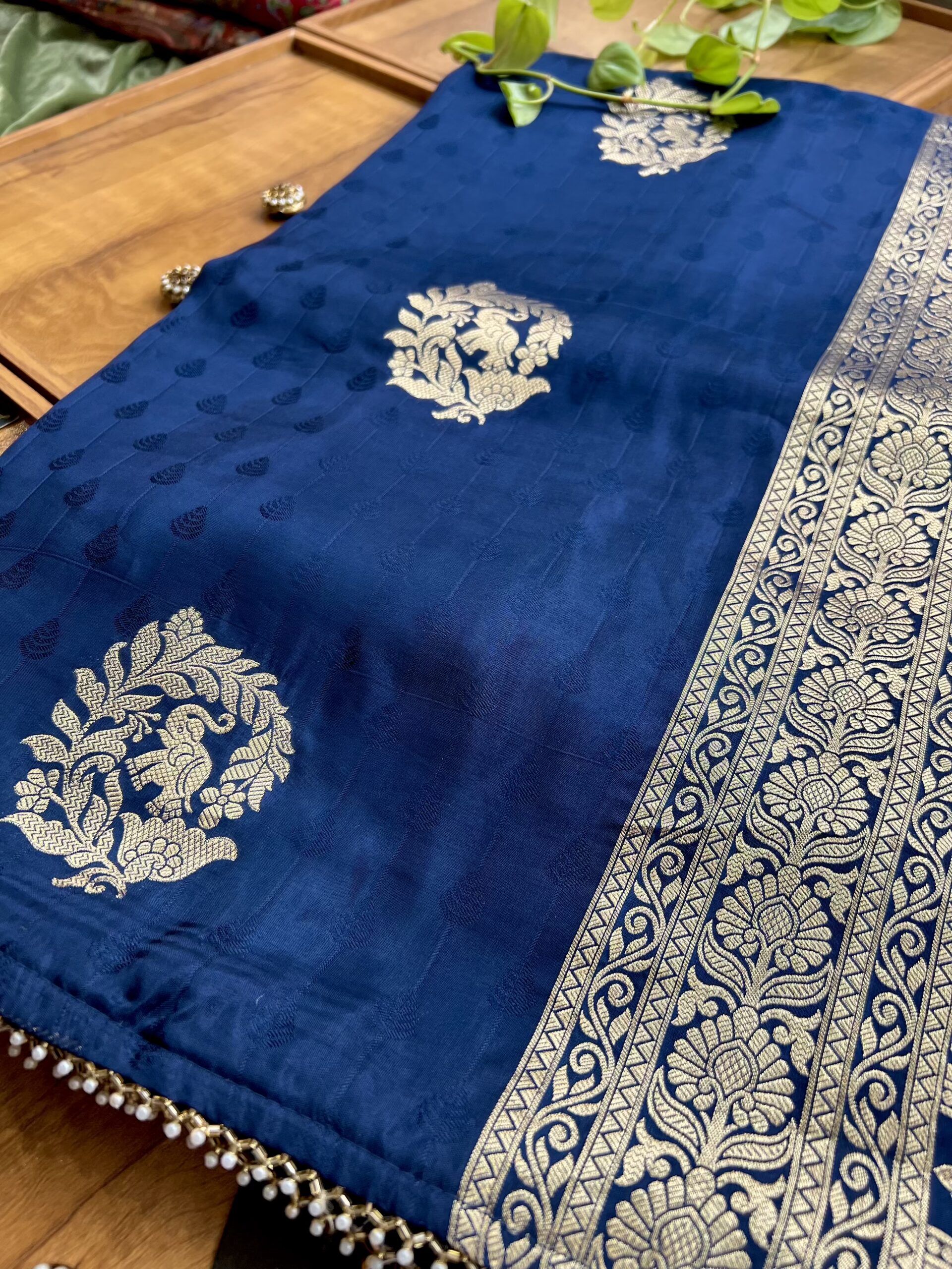 Navy Blue HO Silk with Elephant Bootas Khaddi Work Saree - Image 2