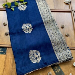 Navy Blue HO Silk with Elephant Bootas Khaddi Work Saree