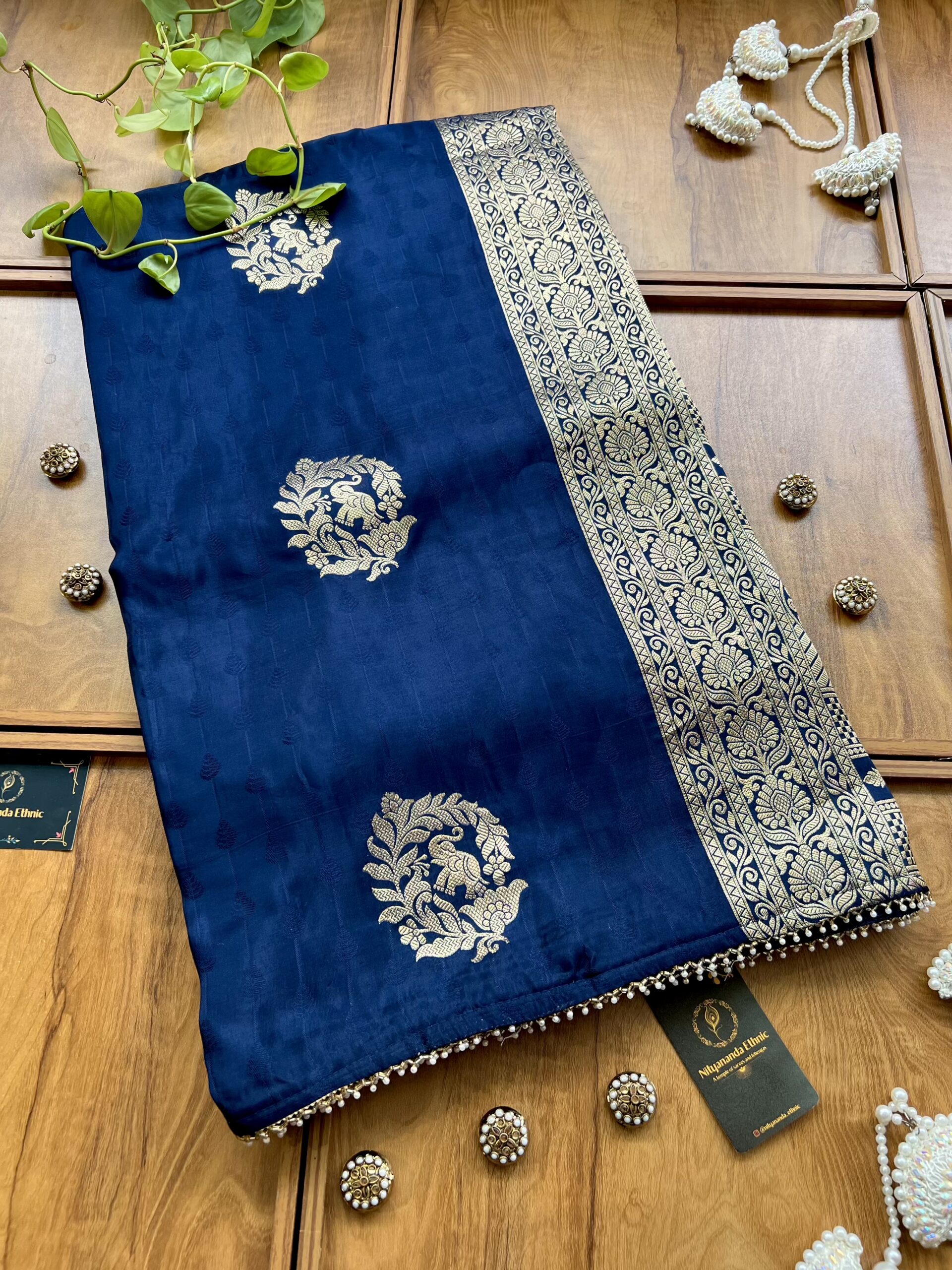 Navy Blue HO Silk with Elephant Bootas Khaddi Work Saree
