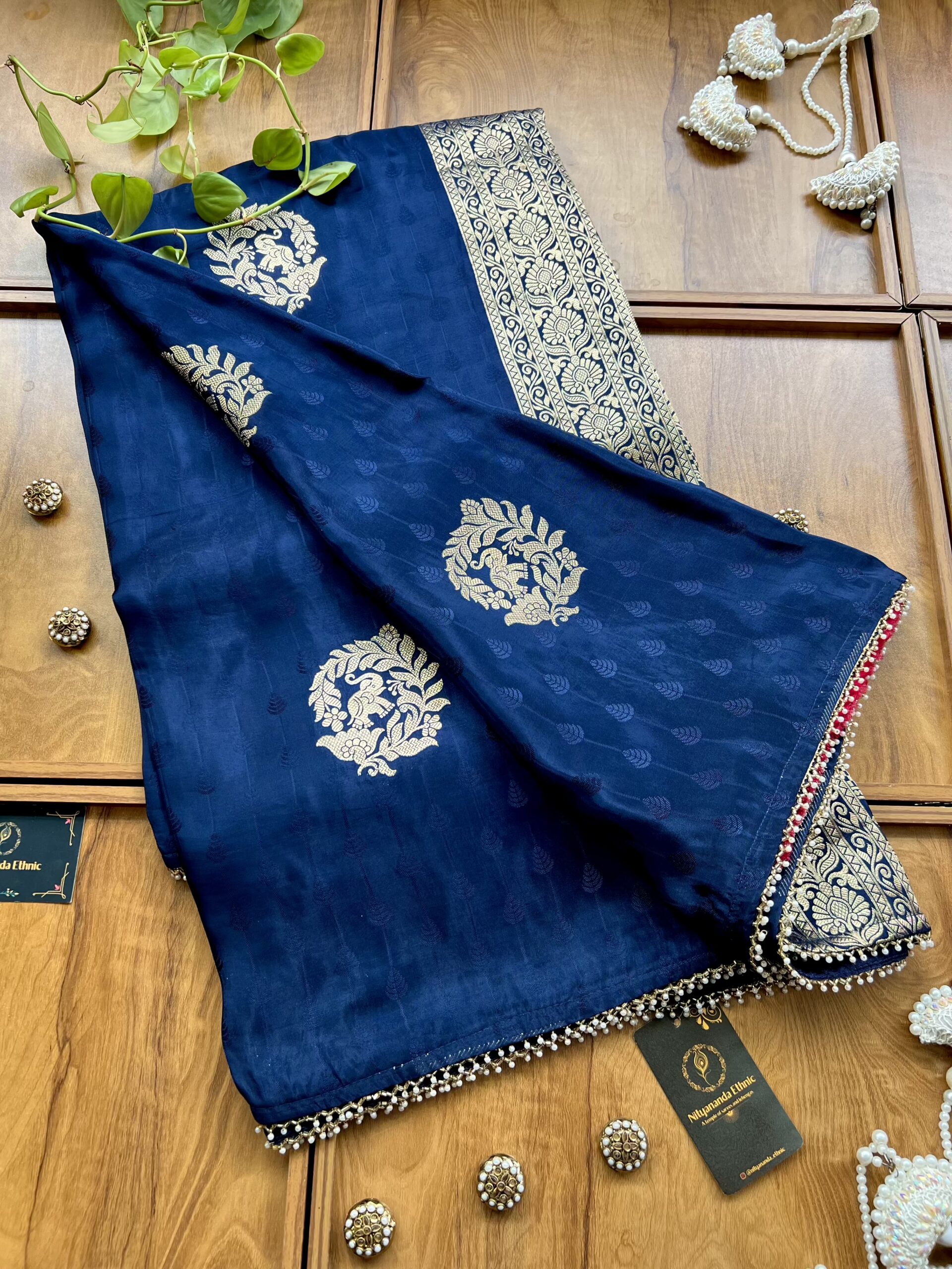 Navy Blue HO Silk with Elephant Bootas Khaddi Work Saree - Image 3