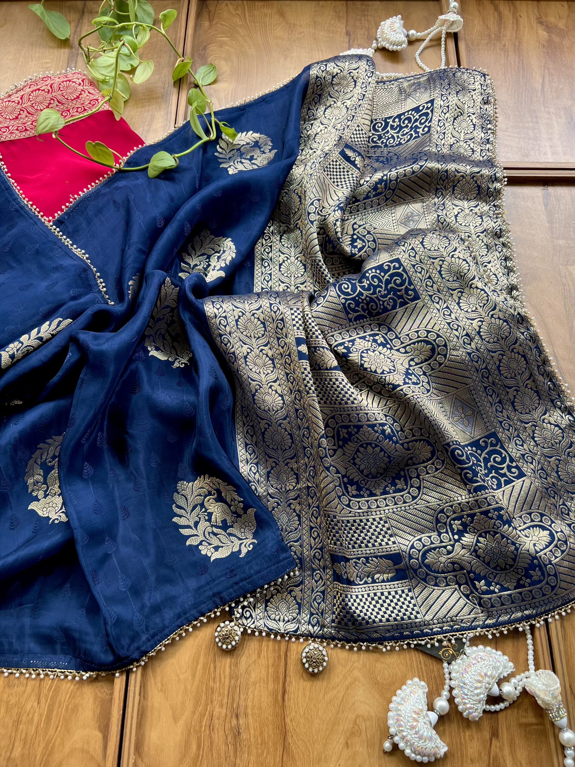 Navy Blue HO Silk with Elephant Bootas Khaddi Work Saree - Image 4